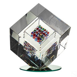 Jon Kuhn (b.1949) Modern Art Glass Cube Sculpture: Jon Kuhn (American, born 1949). Modernist art glass cube sculpture. Titled "Jeweled Sky," a multi colored glass cube, encased within a second cube, all contained within large cube sculpture. Artist