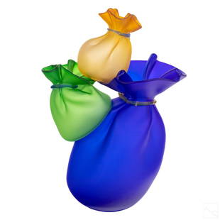 John Littleton Kate Vogel Acrobags Glass Sculpture: John Littleton (American, born 1957) and Kate Vogel (American, born 1956). Modern blown art glass sculpture. From the ACROBAGS series, featuring two small colorful glass bag forms balancing on top of