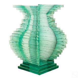 Sydney Hutter b1954 Modern Art Glass Sculpture #15: Sydney Hutter (American, born 1954) Modernist art glass sculpture. Composed of layers of glass. Titled "Quest Modernist # 15". Artist signature title and dated 1998 on base. Measures 19 in. x 13 in.