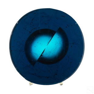 Mark Fowler Studio Art Glass Centerpiece Sculpture: Mark Fowler (American,1954-2016). Modern round standing studio art glass sculpture. Transparent turquoise glass with hollowed center supported by two clear glass rod feet. Signed "M. Fowler 5/94" at