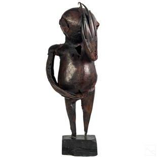 Modern Hammered Copper Space Alien Art Sculpture: Mystery Artrist (20th/21st century) Modernist hammered copper alien child figural statue. Alien like body and encephalitic head with octopus tentacle hands. Natural stone display base. Apparently