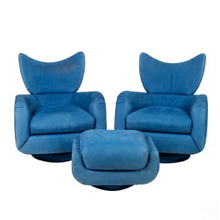 Vladimir Kagan Directional PR Modern Lounge Chairs: Vladimir Kagan (American, German, 1927-2016). Pair of sculptural modernist tilt and swivel lounge chairs with single ottoman, designed by Kagan for Directional. Soft blue suede upholstery. Each chair