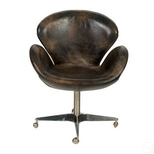 Restoration Hardware Devon Leather Swivel Chair: Restoration Hardware leather office chair. Stainless steel base with wheeled feet. Distressed brown leather in a supportive ergonomic curvature, in the Swan chair style. Good condition with mild
