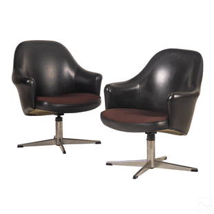 Frank Doerner Faultless Pair Leather Swivel Chairs: Frank Doerner (Austrian, Canadian, 1893-1957) Pair of Mid Century Modern Faultless swivel chairs. Black leather body, dark fabric seat cushions, and chrome base. All original. Good condition with