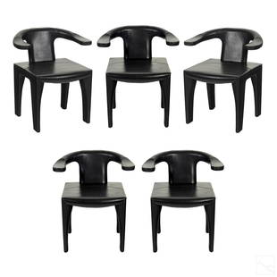 Italian Leather Modernist Set of Horse Shoe Chairs: Set of five black leather modern arm chairs. Stitched leather, likely from Italy, modernist interpretation of Chinese horse shoe chair. Good condition with some surface wear and scratching due to