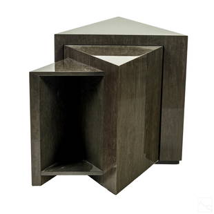 Wiggers Custom Modern Triangle Shape Nesting Table: Wiggers Custom Furniture modernist triangle expandable nesting table, in a style that appears to be inspired by Wendell Castle (American, 1932-2018). Birds eye maple in a gray lacquered finish.