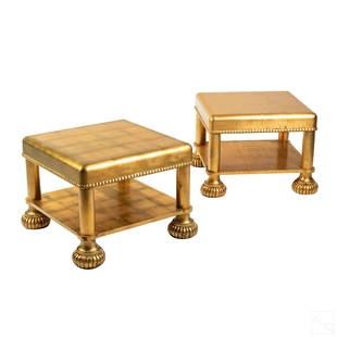 Christopher Maier 1955-2004 Pair Gilt Side Tables: Christopher Maier (American,1955-2004). Pair of gold leafed side tables with beaded border top raised on melon shaped feet. Artist signed and dated 1995 on bottoms. Measures approximately 18 in. x 26