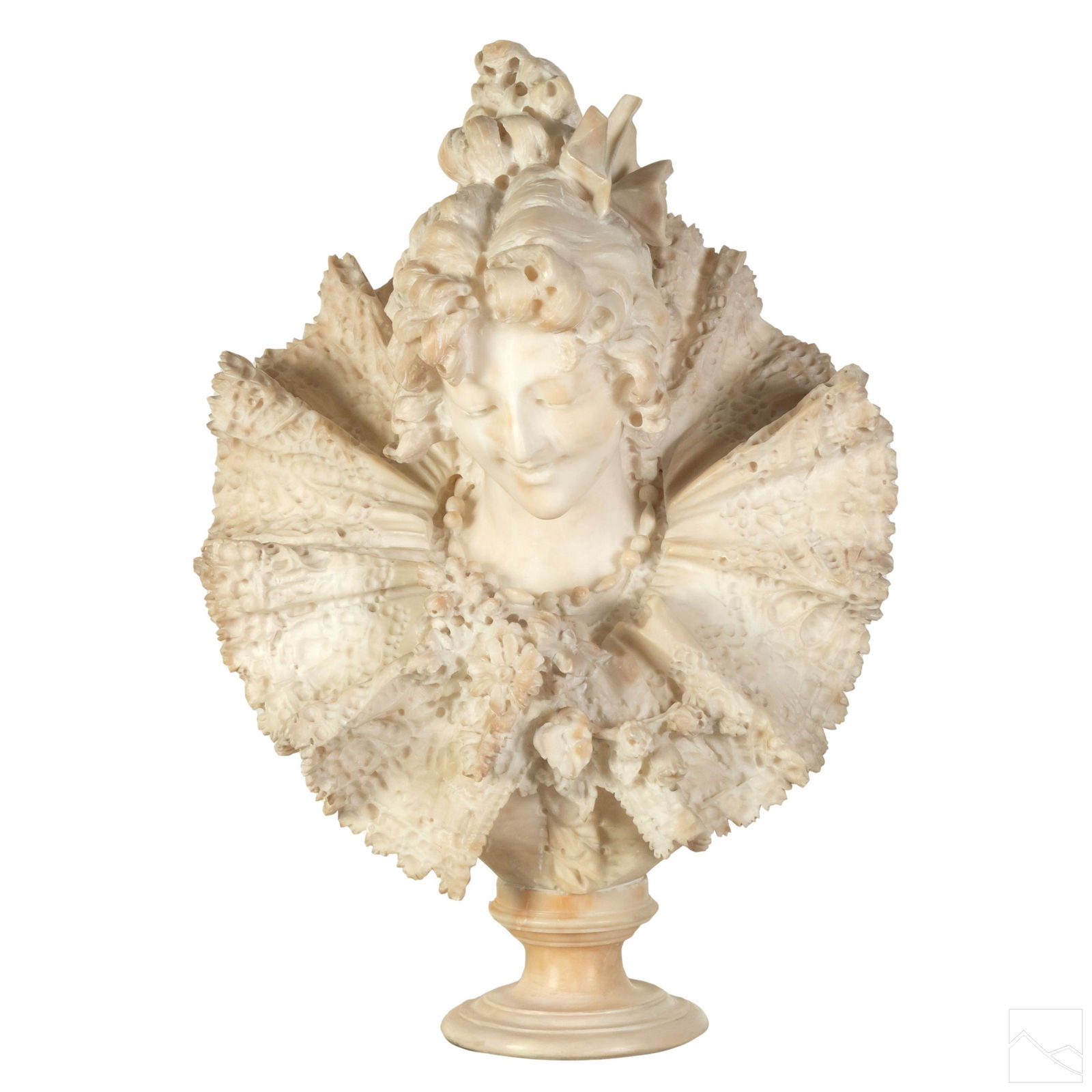 Antique Italian Alabaster Bust of a Lady Sculpture: Fine Italian antique carved alabaster bust of a woman. Depicting a demure lady with downcast head and wide "lacy" shawl collar. Embellished with necklace and locket, with inscribed "R." Signed on vers