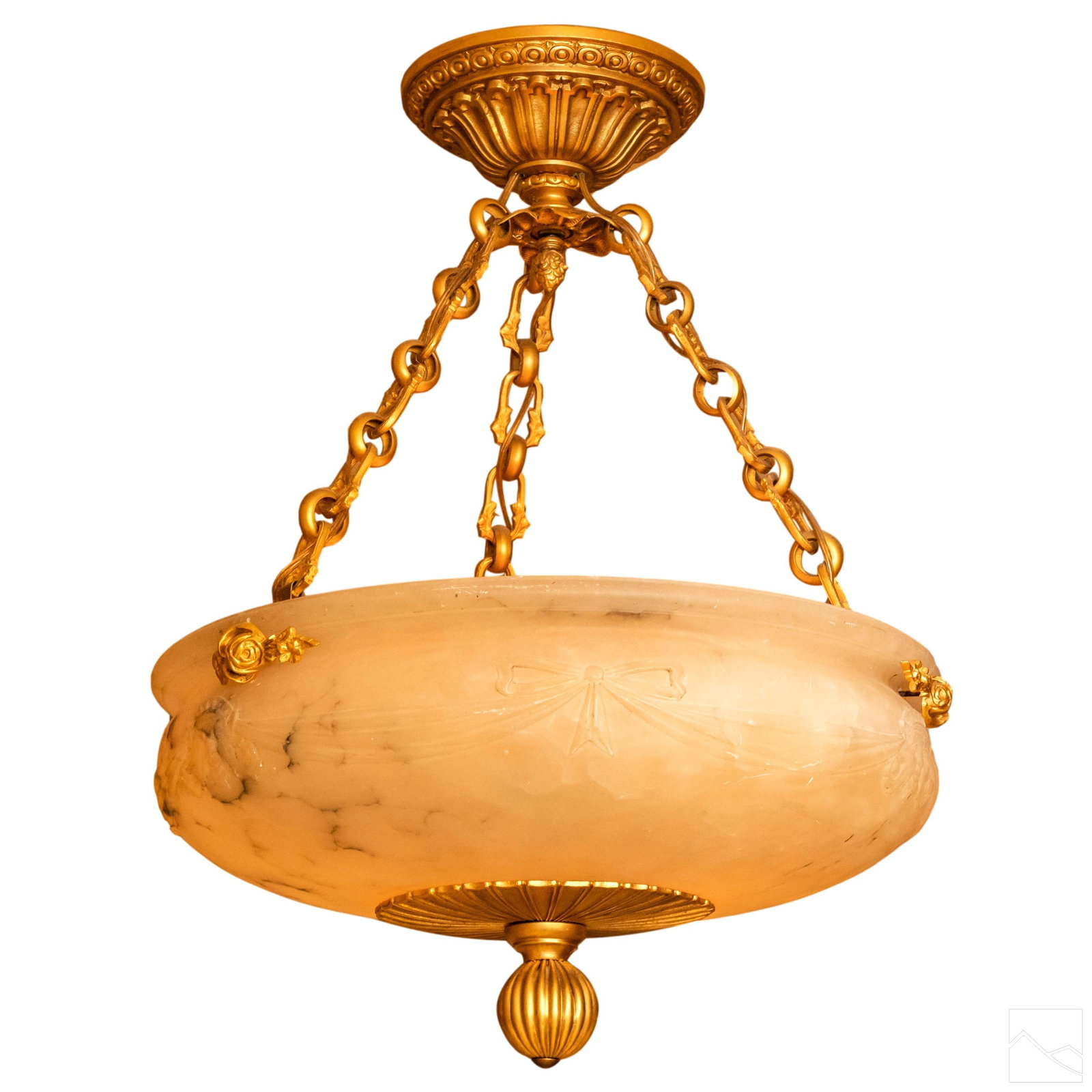 Gilt Bronze Alabaster Floral Motif Drop Chandelier: Fine gilt bronze chandelier. Gold tone chains and a circular alabaster shade with floral motifs. Good estate fresh condition, with losses to floral elements, restoration, crack filled. Measures approx