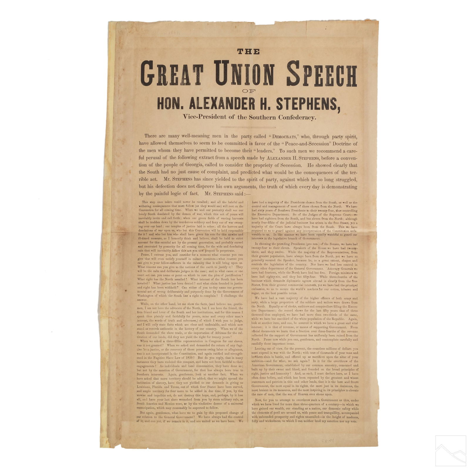 Civil War A. Stephens GREAT UNION SPEECH Broadside (1 of 5)