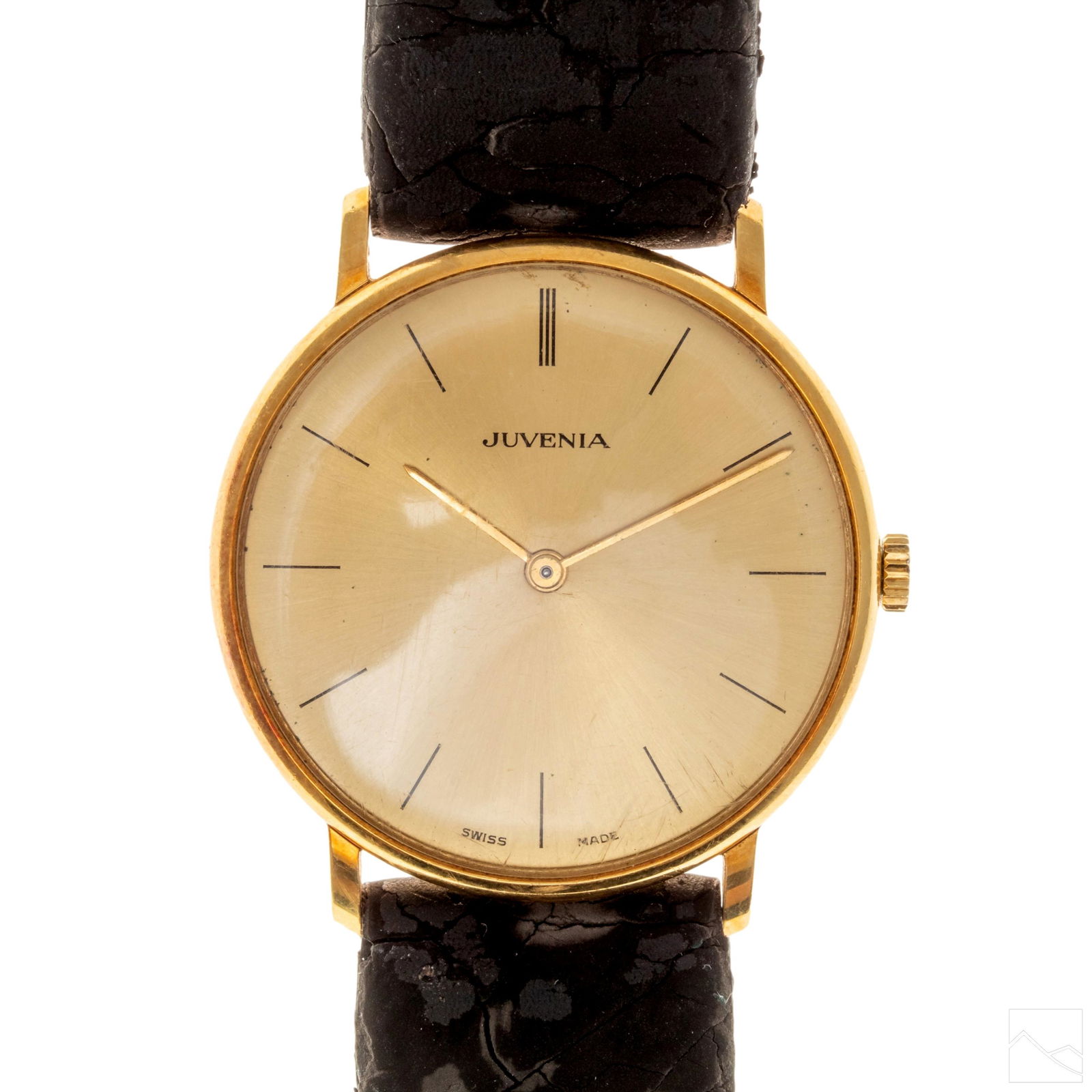 18K Gold Juvenia VTG Swiss Dress Men's Wrist Watch: Juvenia (Swiss). Case crafted of 18k gold. Round shape with minimalist designed face in brushed gold finish. Case with Swiss 18k gold hallmarks. Face signed Juvenia. Case measures 33mm x 37.5mm. Good