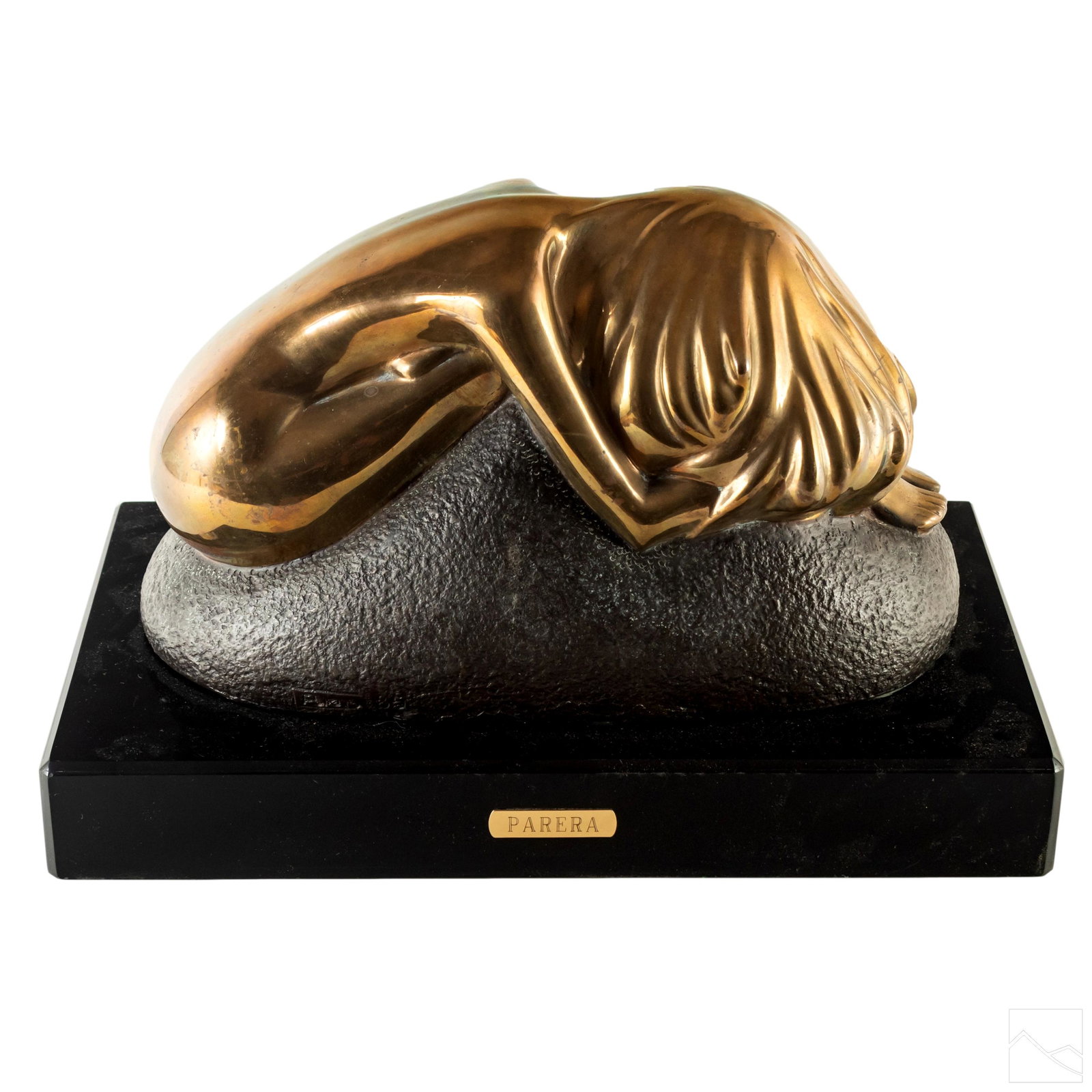 Modernist Nude Bronze Statue, after Antoni Parera: After Antoni Parera (Spanish, 1868-1946). Modernist bronze sculpture. A recumbent nude female form seated on a rock form. Presented mounted on a marble base with brass plaque to front with name PARERA