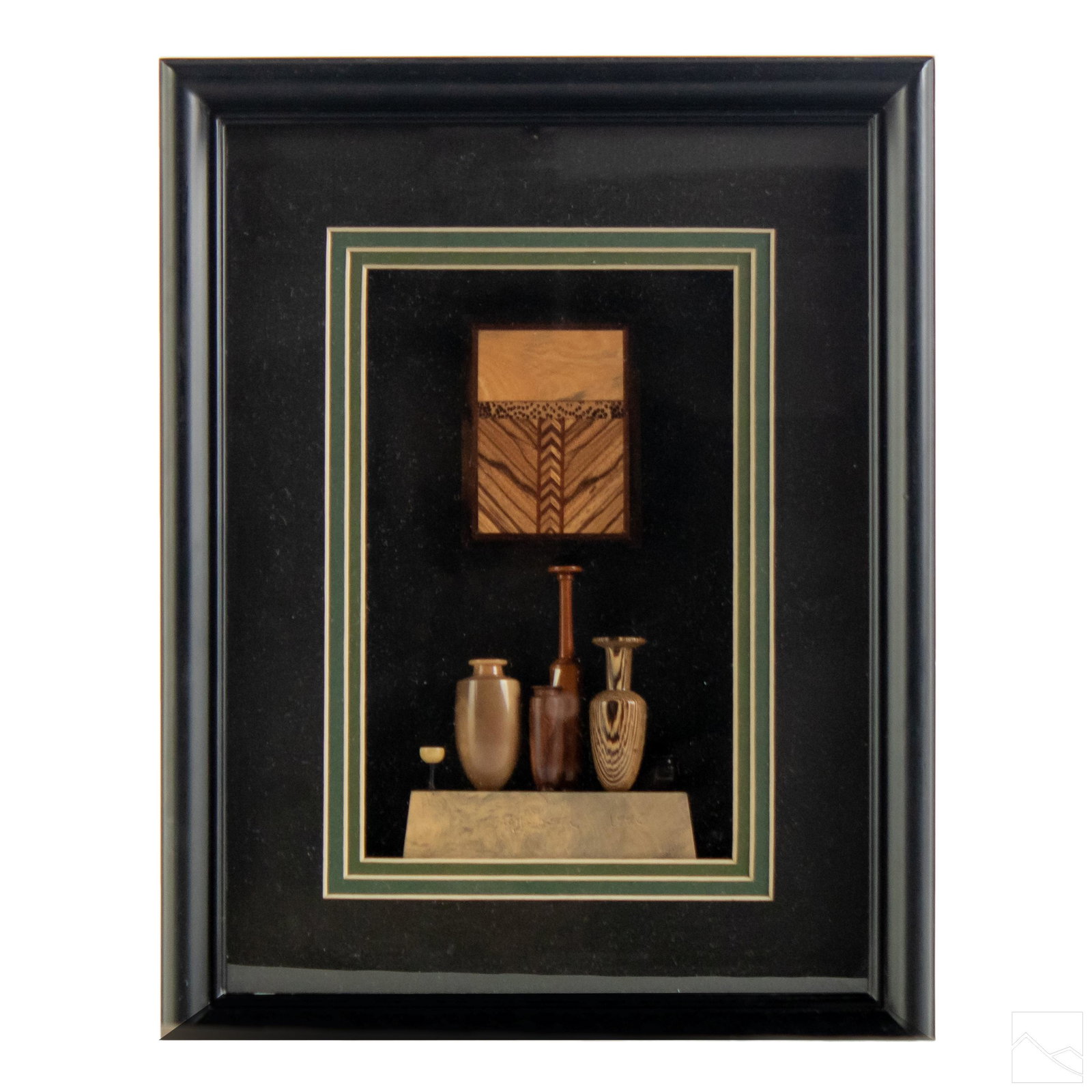 Steve Paulsen Framed Modernist Wooden Sculpture: Steve Paulsen (American, born 1948). Decorative framed Modernist wooden sculpture. A landscape scene with six vessels in a shadow box style frame. Woods consists of buckeye, zebrawood, leopard palm, p
