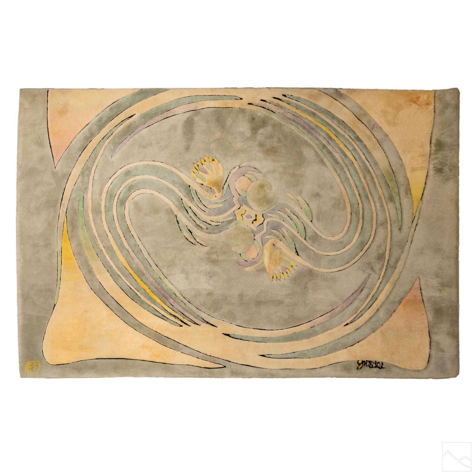 Edward Fields Mid Century Modern Cream Color Rug: Edward Fields (American). Rectangular area carpet rug. Cream, light yellow, blues, greens and peach with a Modernist floral swirl center design. Artist signature and initials at corners. Good conditio