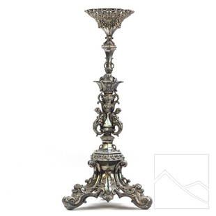 Sheffield Antique Silver Plate 23" Epergne Stand: Padley, Parken, & Staniforth (British). Antique English silver plated ornate epergne centerpiece stand. Ornate tri-corn base with dolphin and acanthus design. Center with scroll work and bare breasted