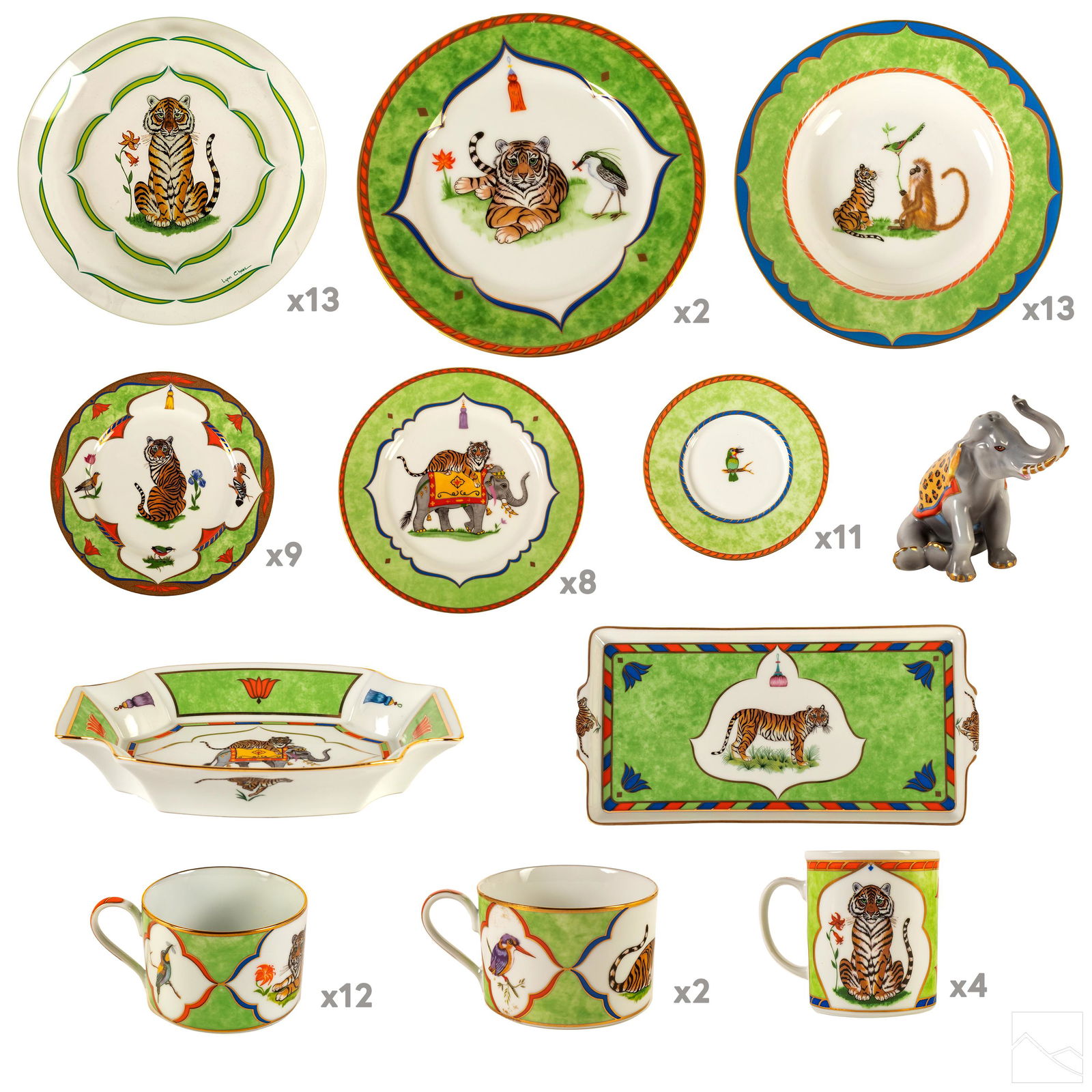 Lynn Chase Tiger Raj 78PC China Dinner Service SET: Lynn Chase Designs (American). Group of 77 glazed ceramic porcelain from the Tiger Raj Collection, all with profuse 24K gold embellishments, including four mug cups (3 1/2 in. x 4 1/4 in.), 14 tea cup