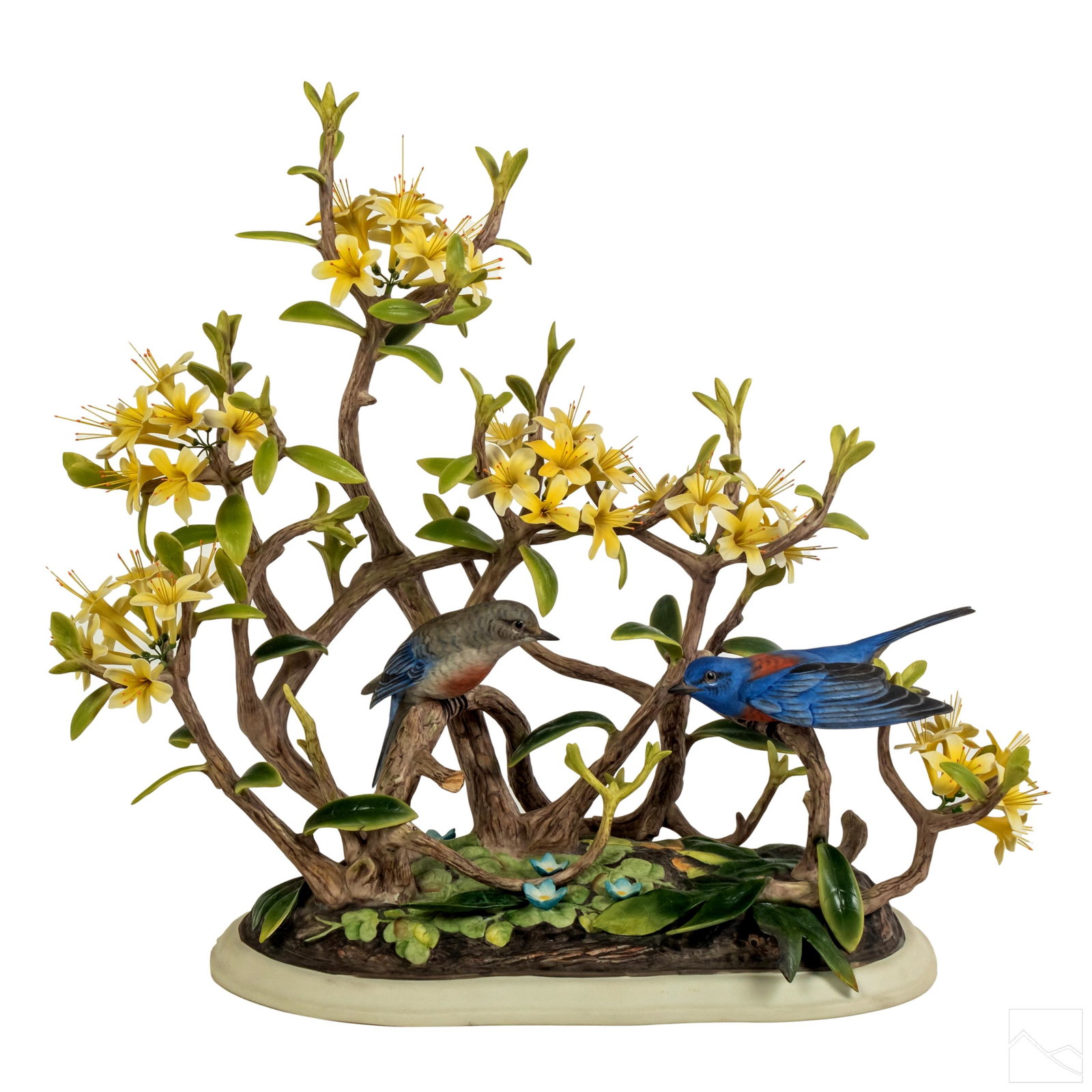Boehm Porcelain Western Bluebirds Figurine Statue: Boehm (American). Limited Edition American porcelain figurine sculpture, titled Western Bluebirds. Reference number 400-01. Numerous branches with profuse flora and leaves. Introduced 1969. Limited to