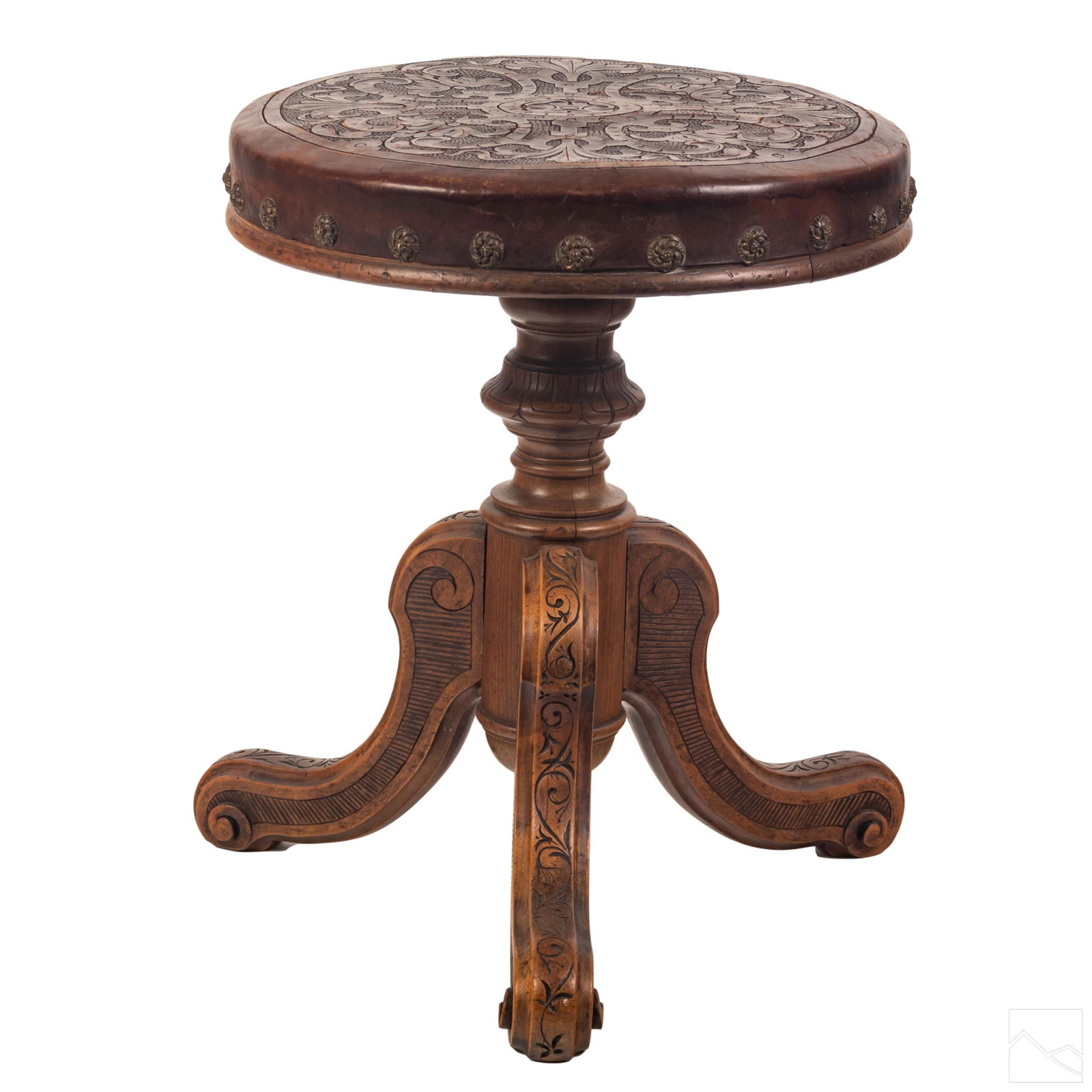 Carved Wood Antique Piano Bench Tooled Leather Top (1 of 7)