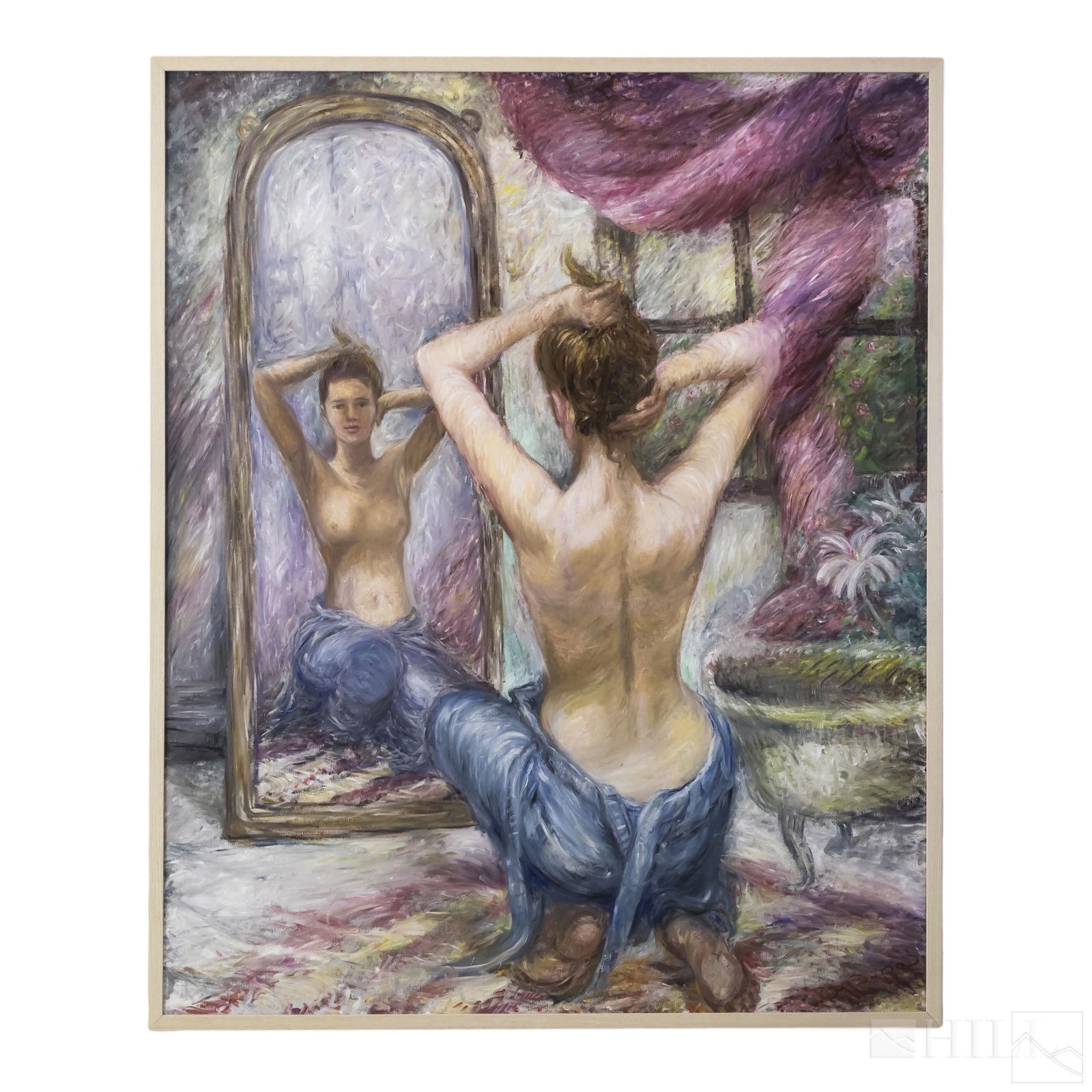 Albert Popa Semi Nude Woman Large 66" Oil Painting: Albert Popa (20th Century). Oil painting on canvas, titled, "Woman in the Mirror." Signed on verso and dated 95. Good overall condition with wear to frame. Measures 64 in. x 52 in. (work), 66 in. x 54