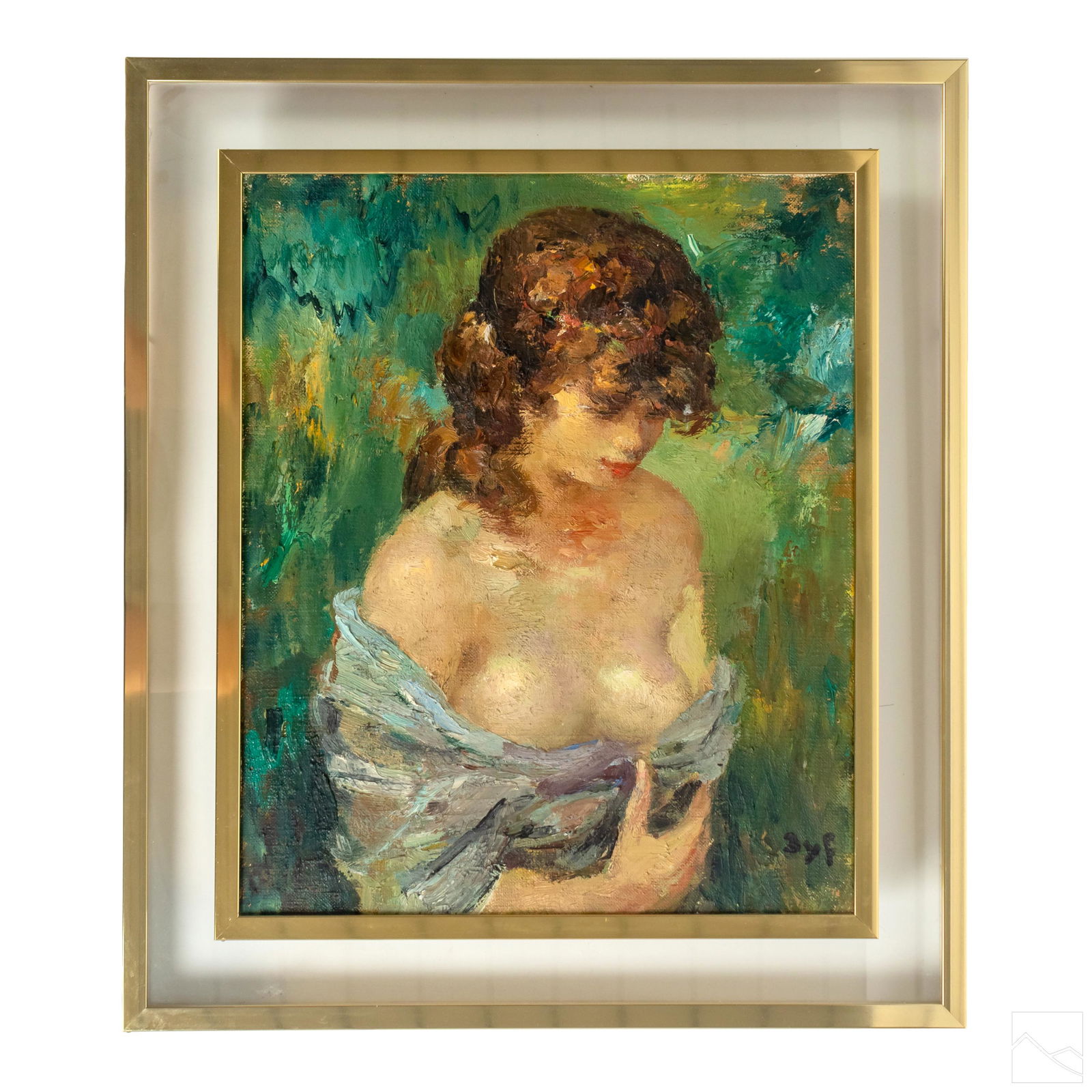 Marcel Dyf 1899-1985 Female Nude Portrait Painting: Marcel Dyf (French, 1899-1985). Original oil painting on canvas. Portrait of a beautiful young brunette female in partially nude pose. Thick impasto build up paint to the hair. Artist signature lower