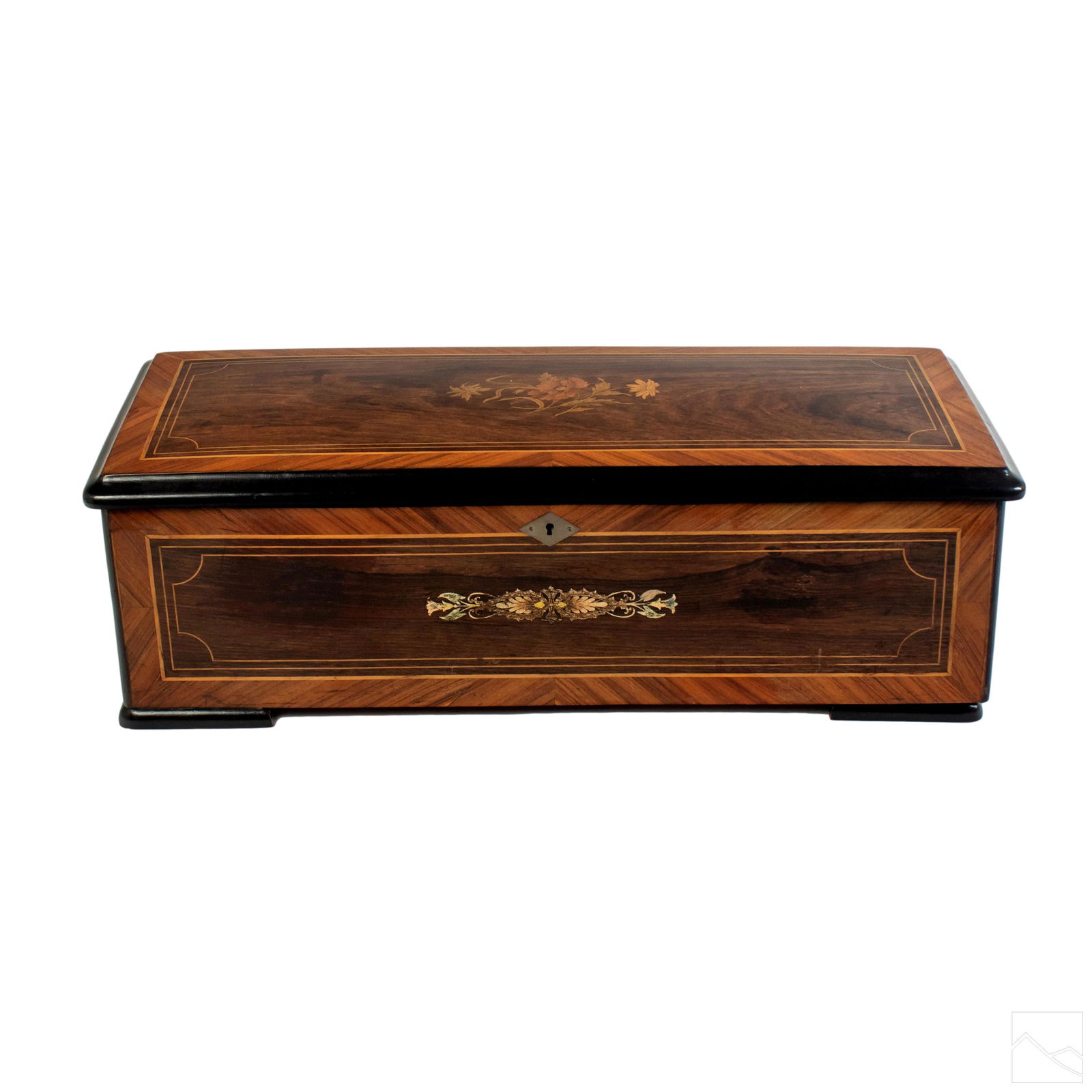 Piccolo Zither Antique Swiss Inlaid Wood Music Box: Piccolo Zither (Swiss). Antique music box. Inlaid borders and center top inlaid floral motif. Internal 11 in. cylinder plays eight songs. Tune indicator to left, tune selector levels to right. Start,