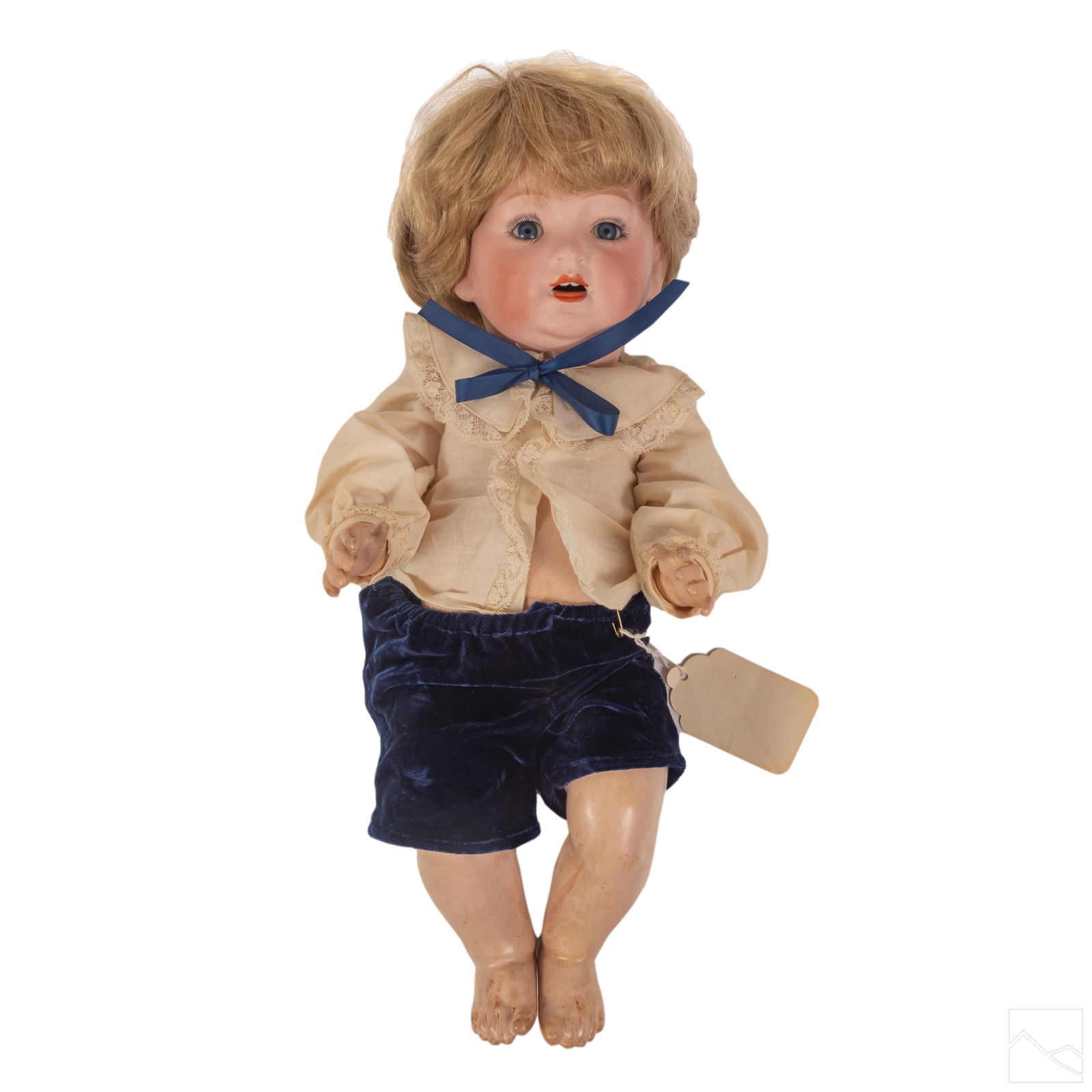 Morimura Brothers Japan 17" Antique Baby Doll Toy: Morimura Brothers (Japan). Antique jointed baby doll #2. Features painted brows, lashes, glass eyes and upper front teeth. Five jointed composition body. Vintage clothes include blue velvet pants and