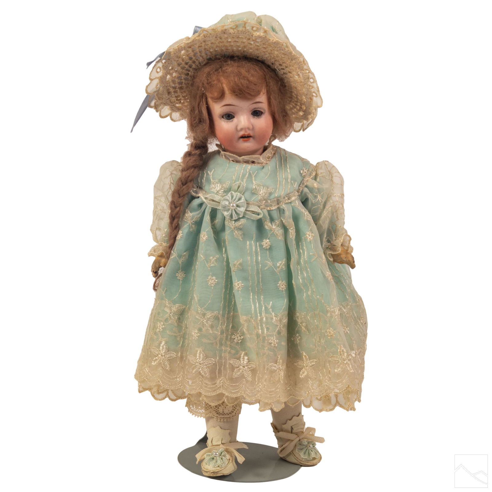 Recknagel Antique German Bisque Dolly Face Doll: Recknagel (Germany). Antique dolly face doll. Bisque head features painted brows, lashes, glass sleep eyes and upper front teeth. Composition center body and arms with wood legs. Baby blue hand embroi