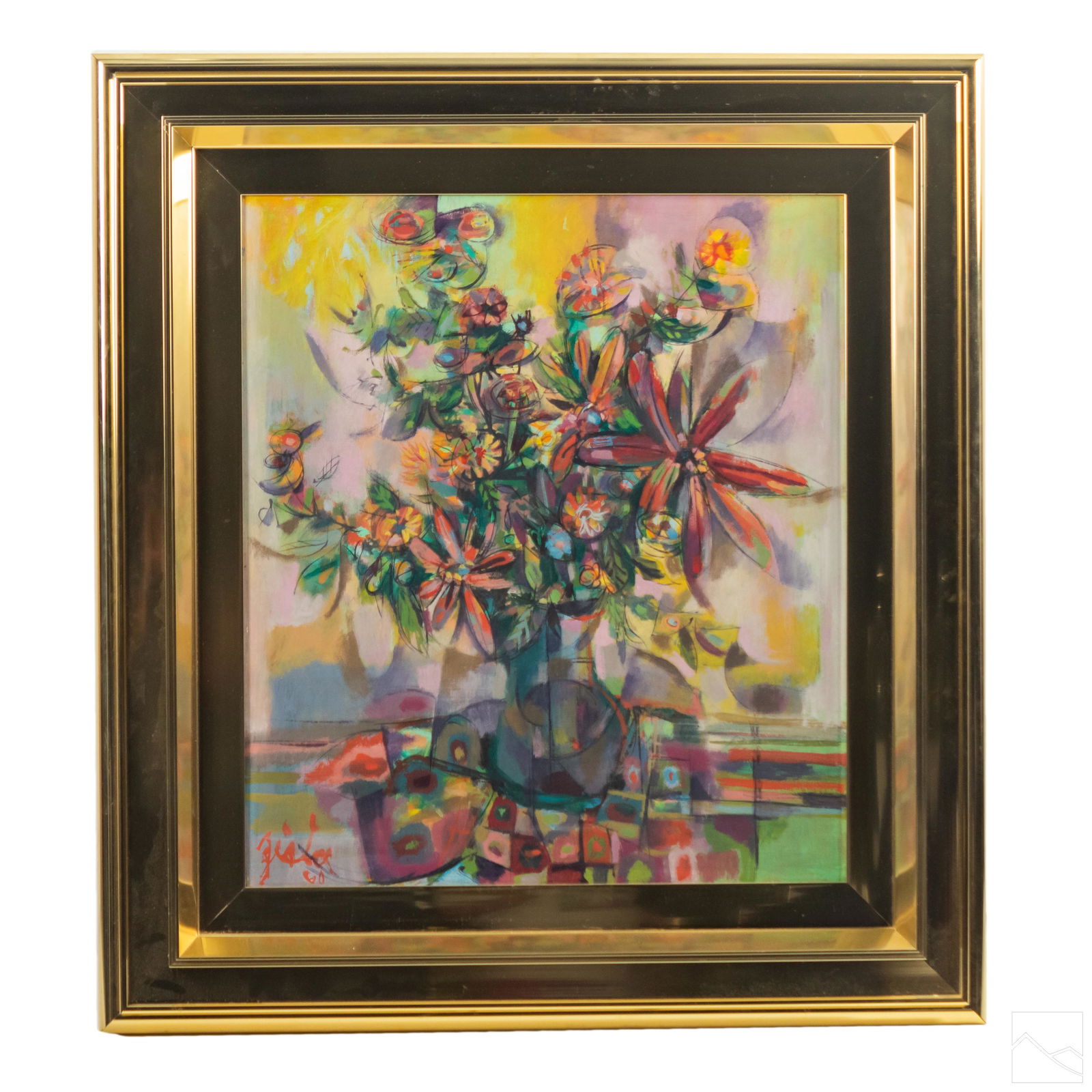 Mid Century Modern Floral Vase Still Life Painting: Mystery Artist (20th Century). Still life painting on masonite. A Modernist vase with flowers. Signed lower left and dated 1960. Good overall condition with wear to frame. Measures approximately 25 in