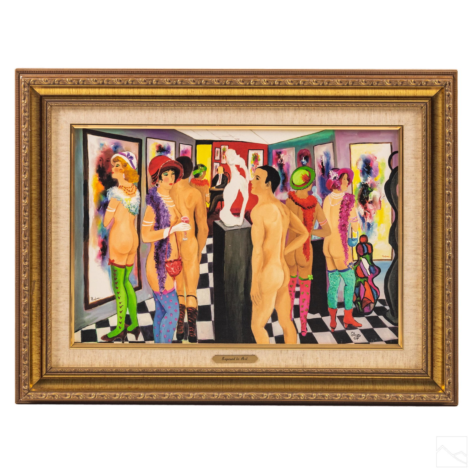 H. G. Rindom Art Show Nudes Color Giclee On Canvas: Hilda Gleizer Rindom (20th Century). Giclee on canvas, titled "Exposed to Art." A whimsical portrait of nude men and women in an art gallery. Artist name lower left side and lower right side of canvas