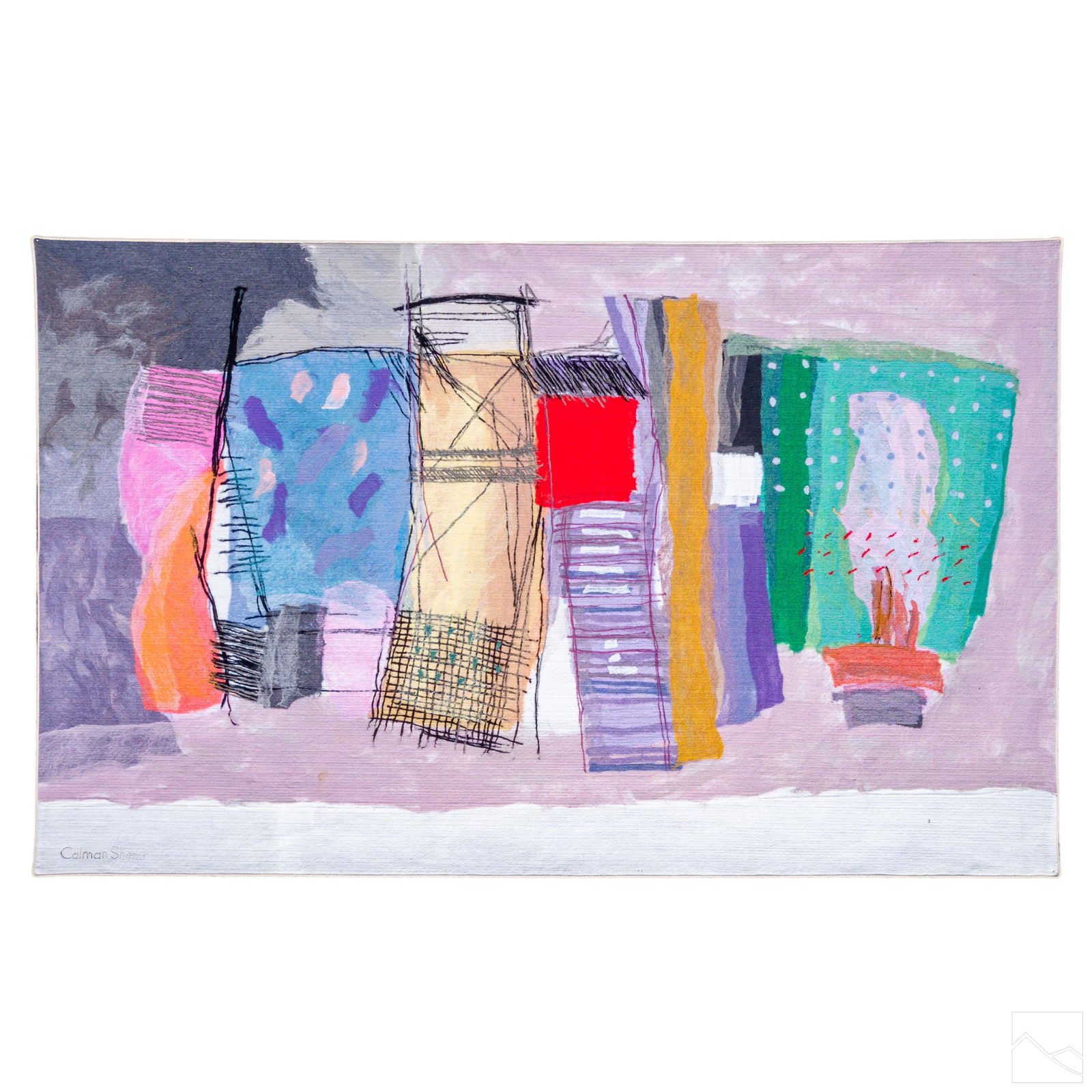 Calman Shemi SIGNED Fabric Art Under Water City #5: Calman Shemi (Argentinian Israeli, born 1939). Fabric art titled "Under Water City, #5." Artist signed and titled to verso. Backed with linen and bordered with white rope. Good condition with mild sur