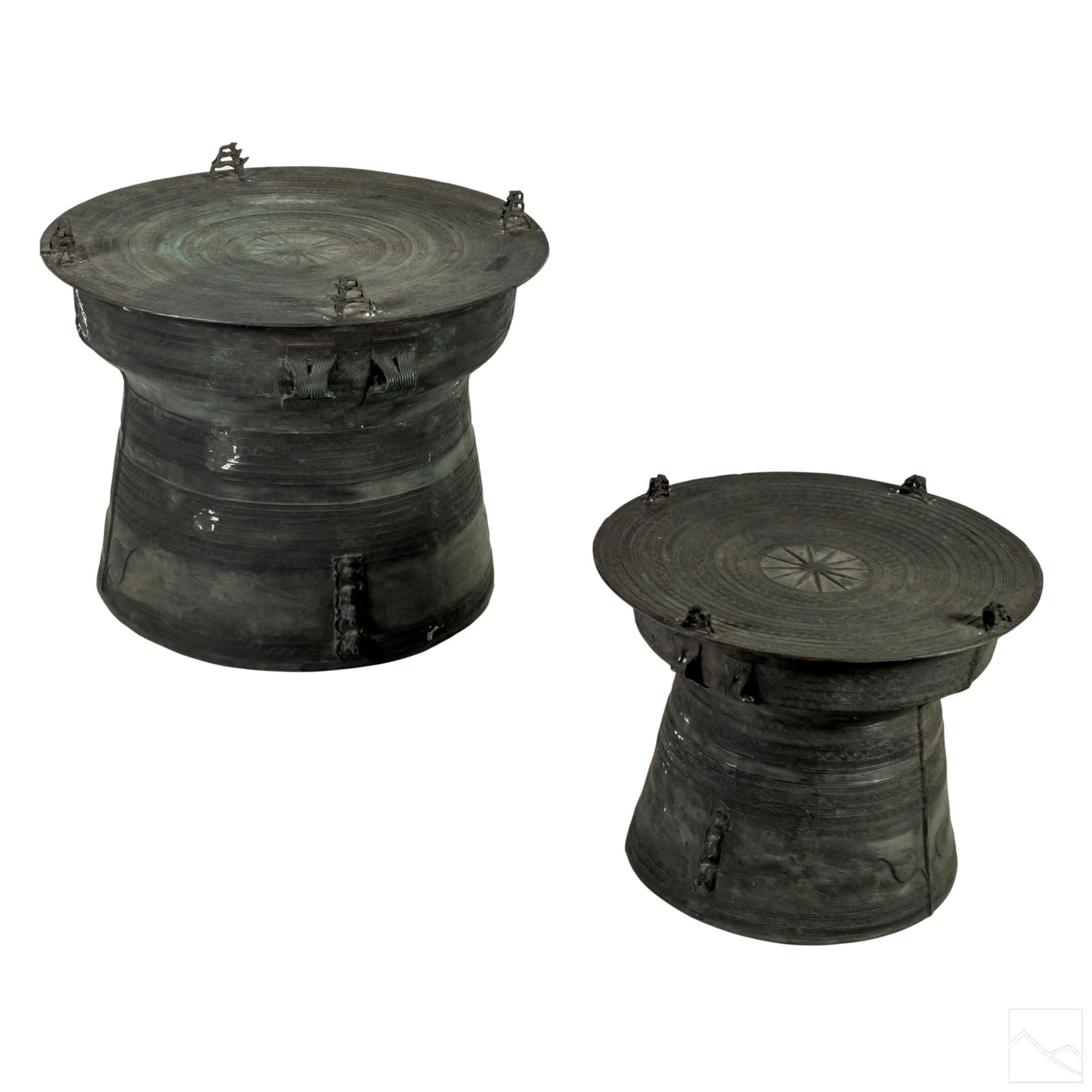 Southeast Asian Bronze Rain Drum Tables and Frogs: Crafted of cast bronze. Top with patterned concentric rings surrounding a star motif center with triple frog figures. Sides with elegant leaf design and elephant figures. Largest 22 1/2 in. x 28 in. S