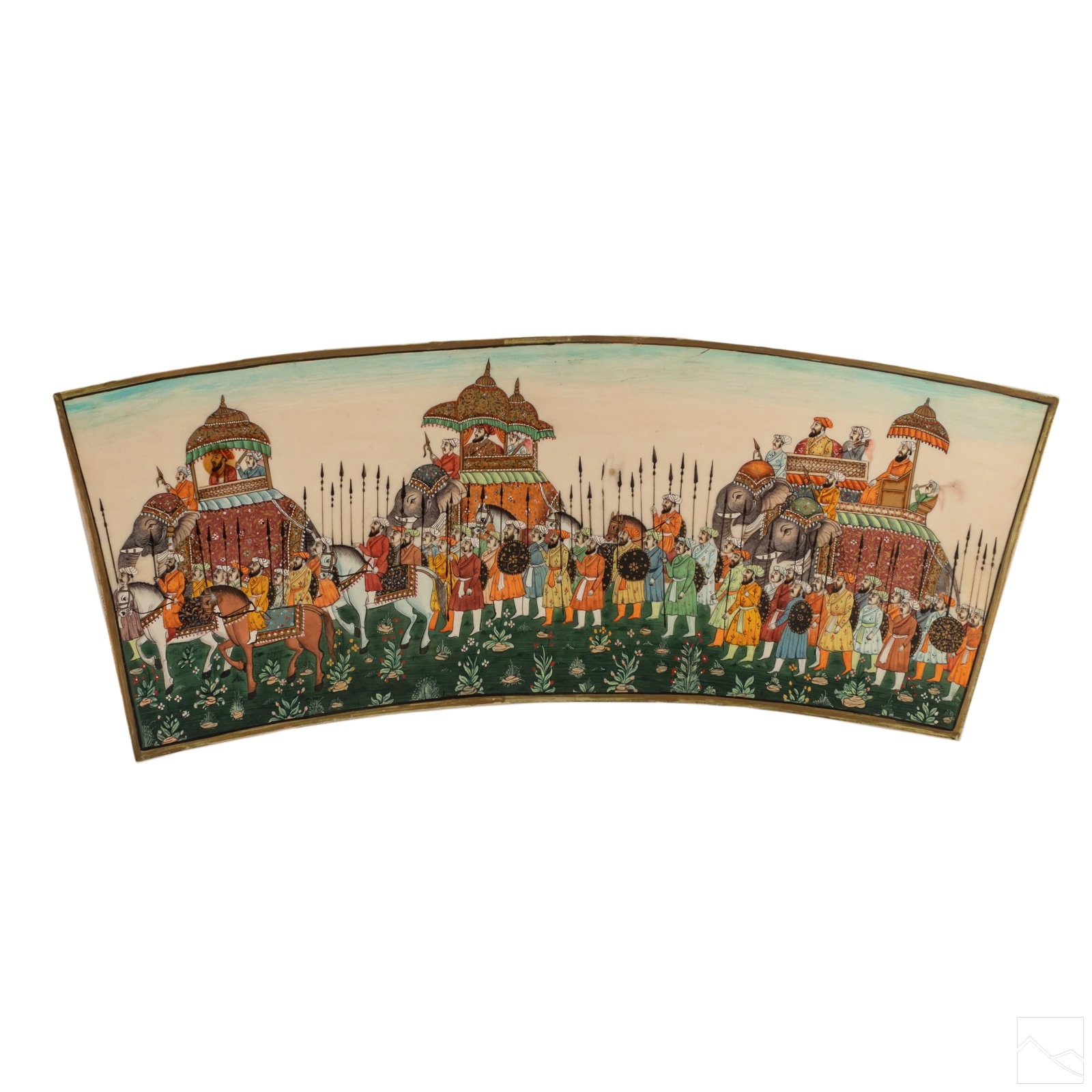 Mughal Painting Emperor and Court Fan Bone Plaque: Mughal Empire (Mogul Empire, Gurkani). Antique circa 16th to 17th Century fine Mughal painting. Polychrome fan shape carved plaque. Depicting a large official procession with a horde of soldiers and c