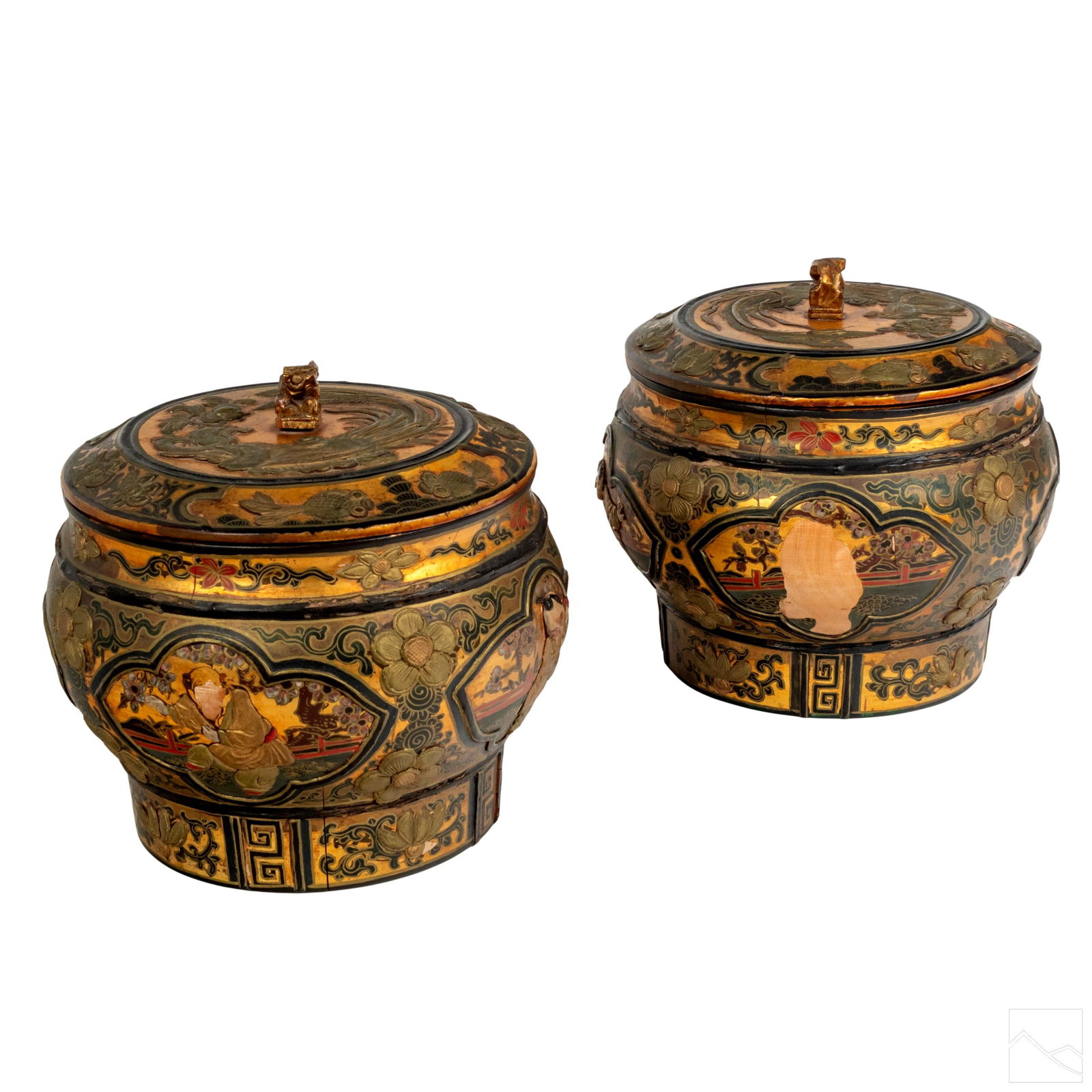 Chinese Export Gold Gilt Lacquer Lidded Boxes PAIR (1 of 9)