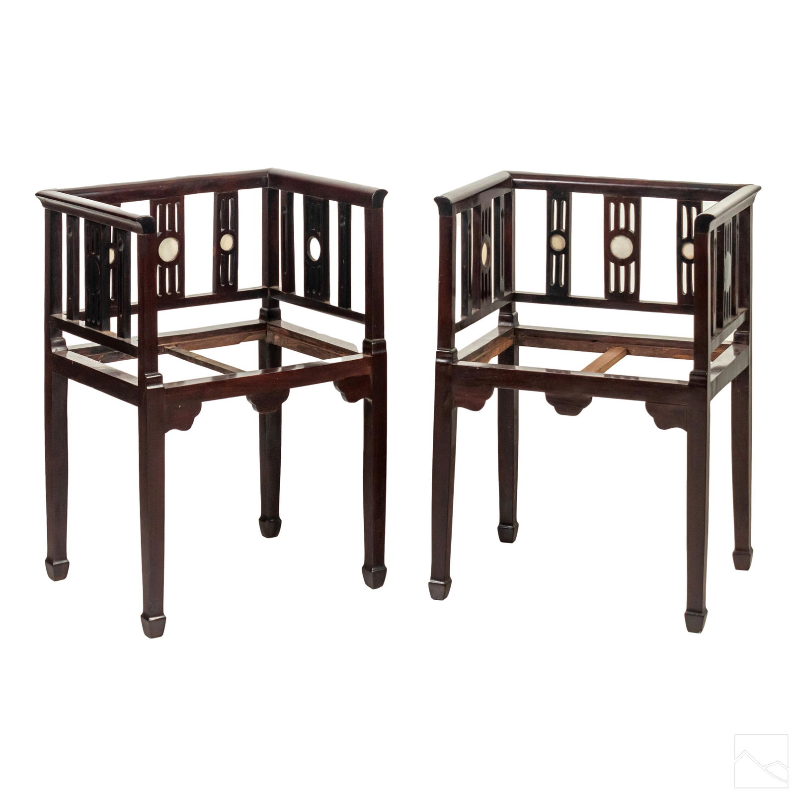 Chinese Marble Inset Carved Wooden Arm Chairs PAIR (1 of 8)
