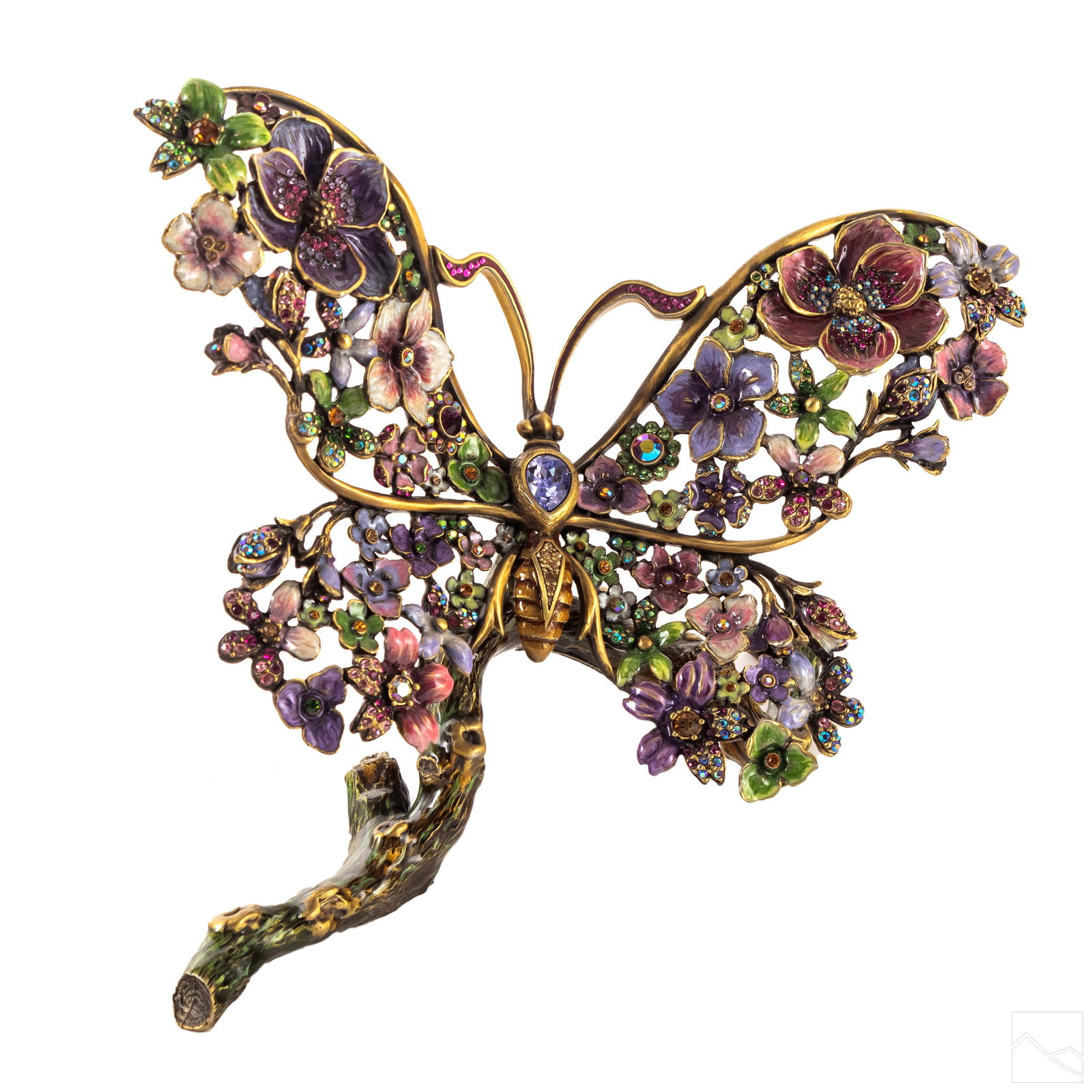 Jay Strongwater Annabel Floral Butterfly Figurine: Jay Strongwater (American). Annabel floral butterfly figurine sculpture. Hand decorated enameled metal, accented with profuse Swarovski crystals. Rectangular Jay Strongwater medallion to underside. Go