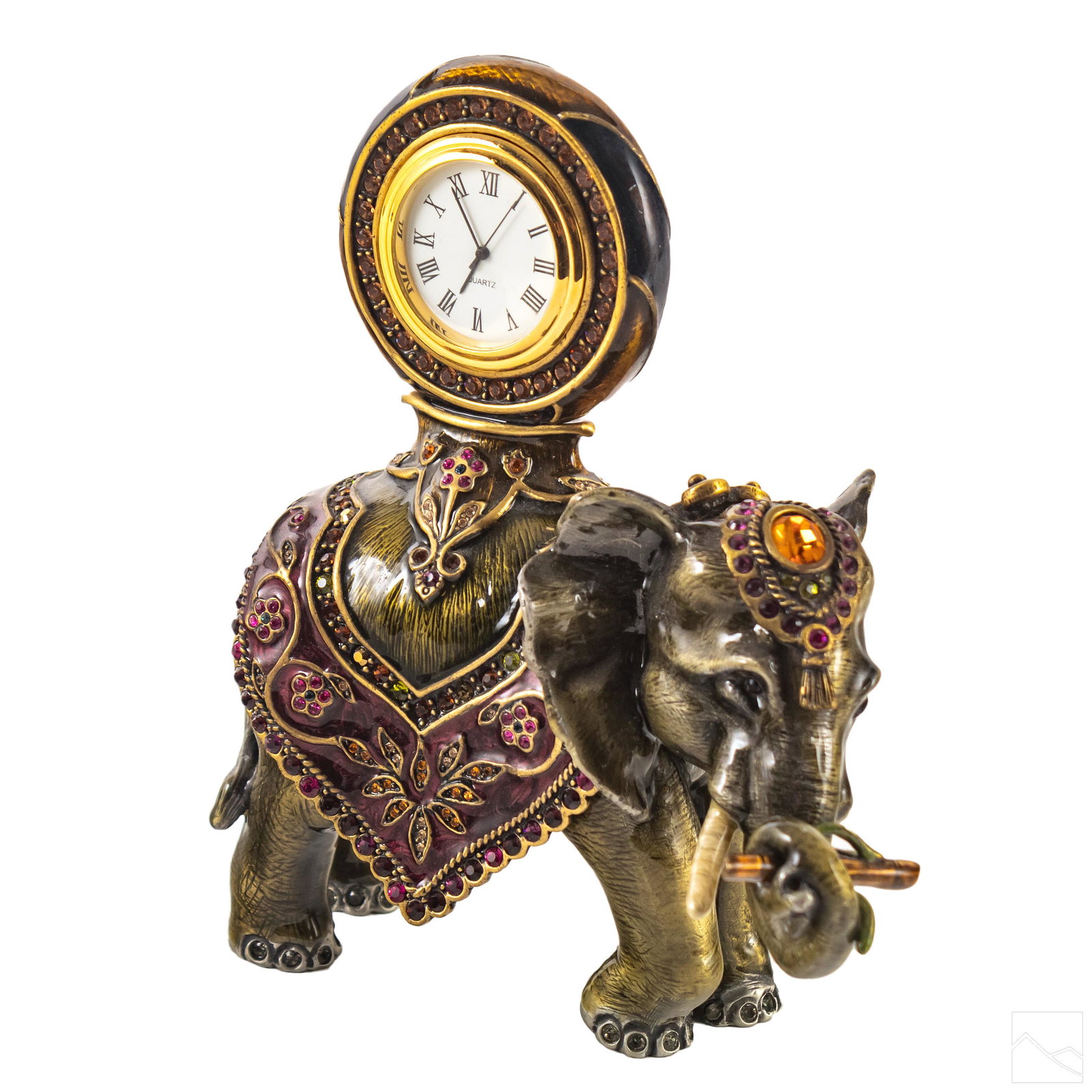 Jay Strongwater SIGNED Cleopatra Elephant Clock: Jay Strongwater (American). Signed hand decorated enameled metal figurine sculpture with clock. A circus elephant embellished with hand-set Swarovski crystals. Rectangular Jay Strongwater medallion to
