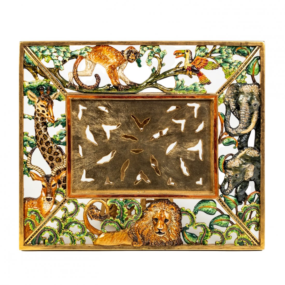 Jay Strongwater Ltd. Edition Wildlife Picture Frame: Jay Strongwater (American). Large hand decorated enamel Limited Edition numbered picture frame with encircling bejeweled floral and wildlife forms including a monkey, toucan, elephant mother and calf,