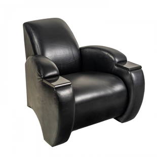 Italian Spinneybeck Modern Black Leather Club Armchair: Black Italian leather modernist armchair. Signed "Spinneybeck" to underside. Features duel black granite cup stands. Measures 29 in. x 32 in. x 37 in. Good condition with mild surface wear. Hill