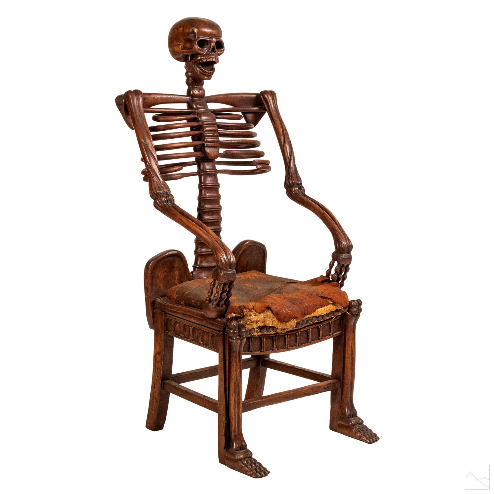 Old Macabre Carved Wooden Life-Like Skeleton Chair: Unique hand carved wood skeleton arm chair. Features individually carved pierced rib cage and fingers with detailed skull and a bone motif frieze. Apparently unsigned. Measures 53 in. x 23 in. x 24 in