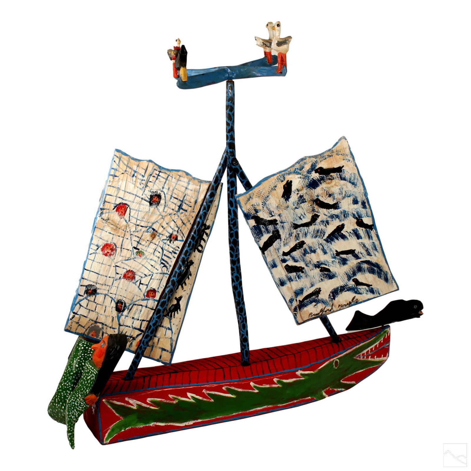 Bradford Naugler b.1948 Folk Art Wood Boat Carving: Bradford Naugler (Canadian, born 1948). Whimsical polychrome carved wood folk art sculpture of nautical boat with mermaid, birds, and articulating elements. Signed lower mid center on one sail and on 