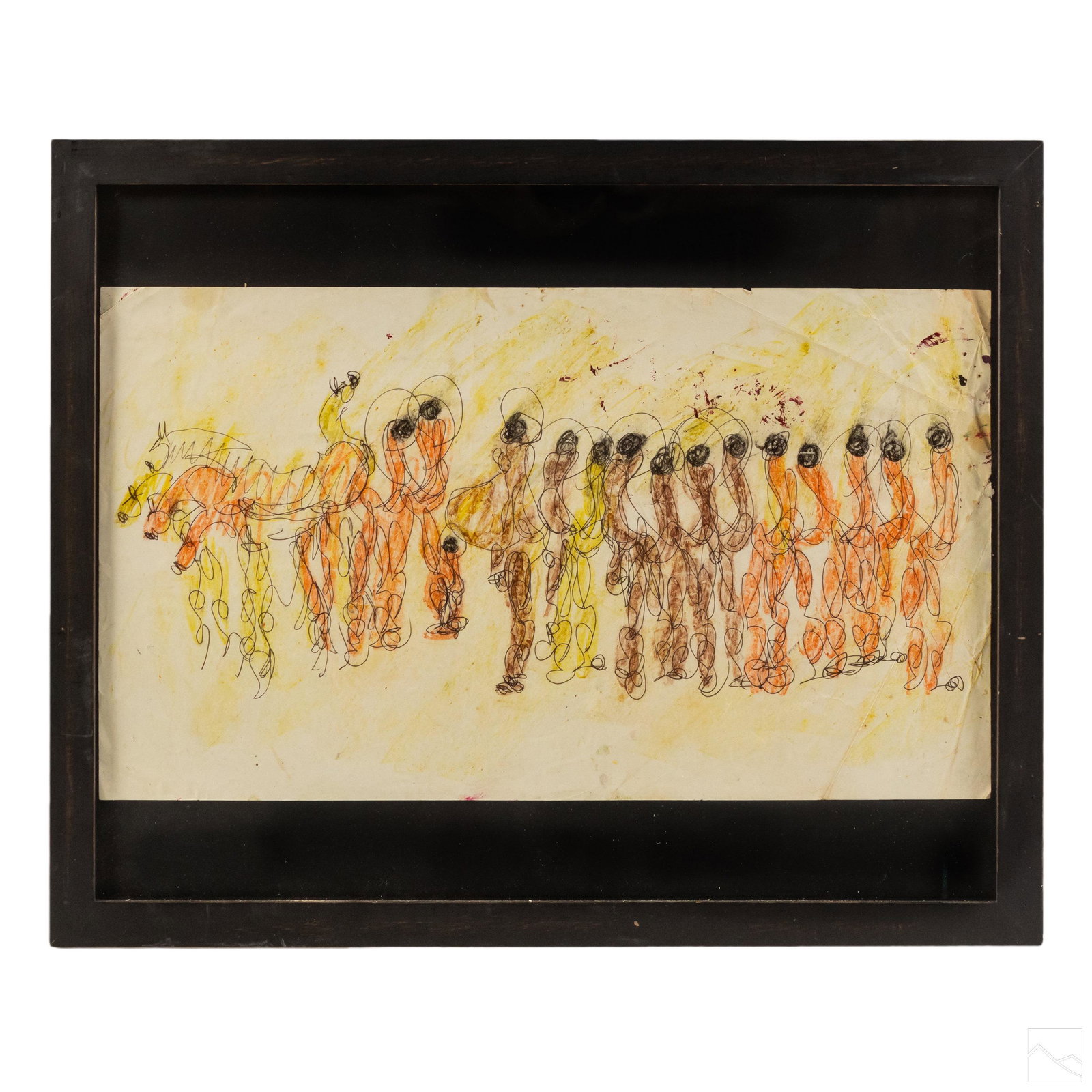 Purvis Young 1943-2010 American Outsider Folk Art: Purvis Young (American, 1943-2010). Outsider art mixed media ink and crayon. Apparently unsigned. Gallery label on verso. Good overall condition with mild storage wear. Retains original Joy Moos Galle