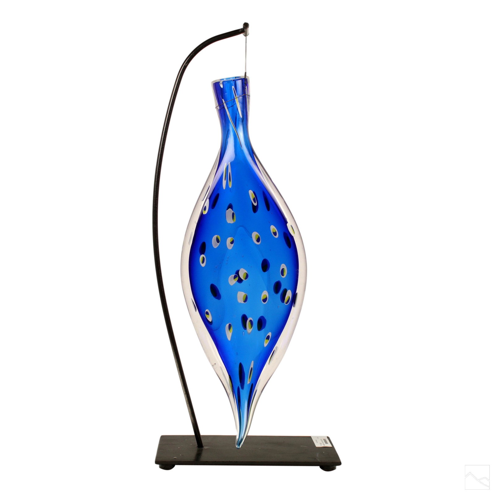 Modern Art Glass Peacock Plume Sommerso Sculpture: Large Modernist hanging art glass figurine statue in the Sommerso or submerged style, with layered blue glass inside clear glass, with a profusion of stylized Peafowl eyespots. Mounted on wires to a c