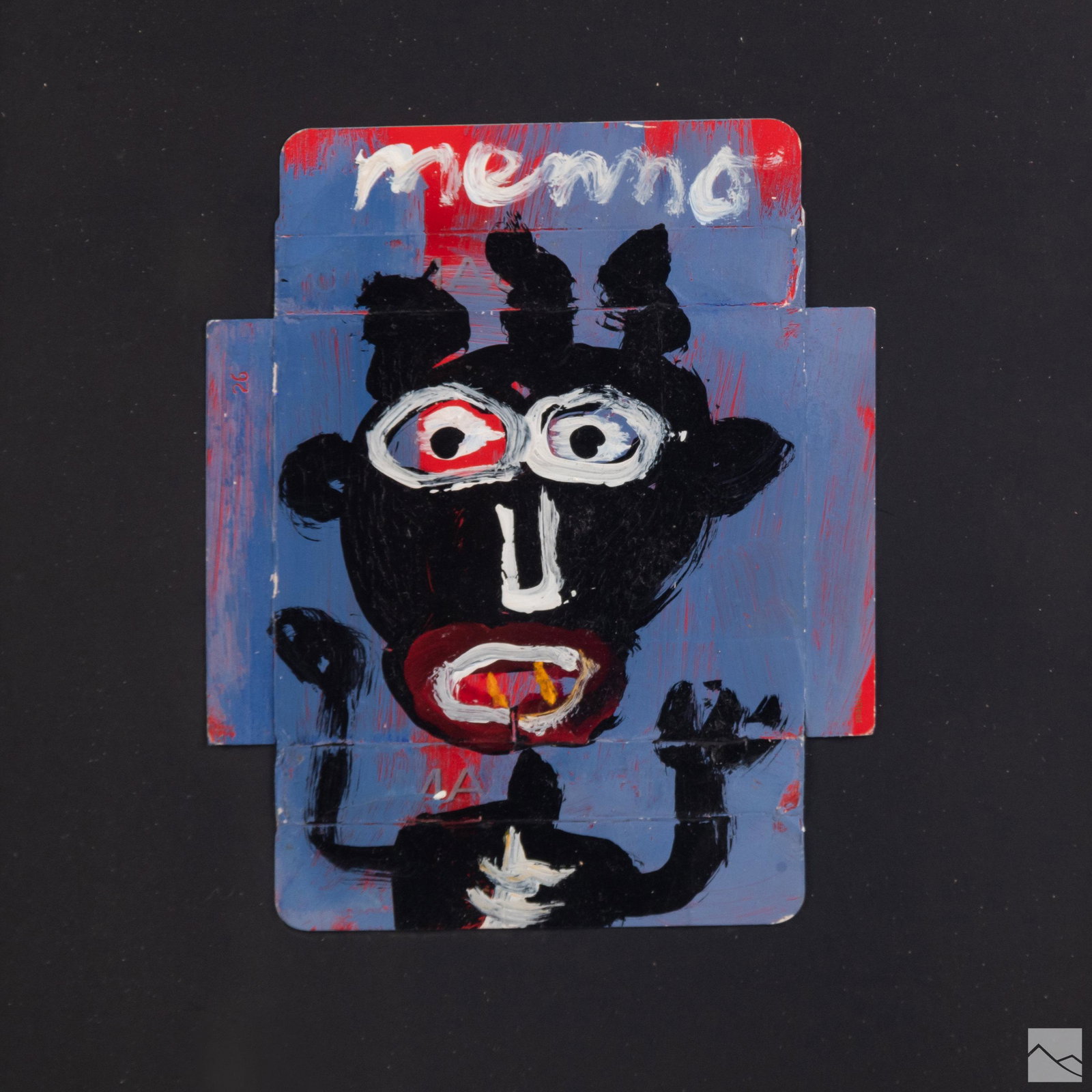 Menno Krant (b.1950) Naive Outsider Art Painting: Menno Krant (Dutch Canadian, born 1950). Naive art acrylic painting on found cigarette carton. Depicts figure. Signed upper center. Label on verso. Good overall condition with mild storage wear. Retai