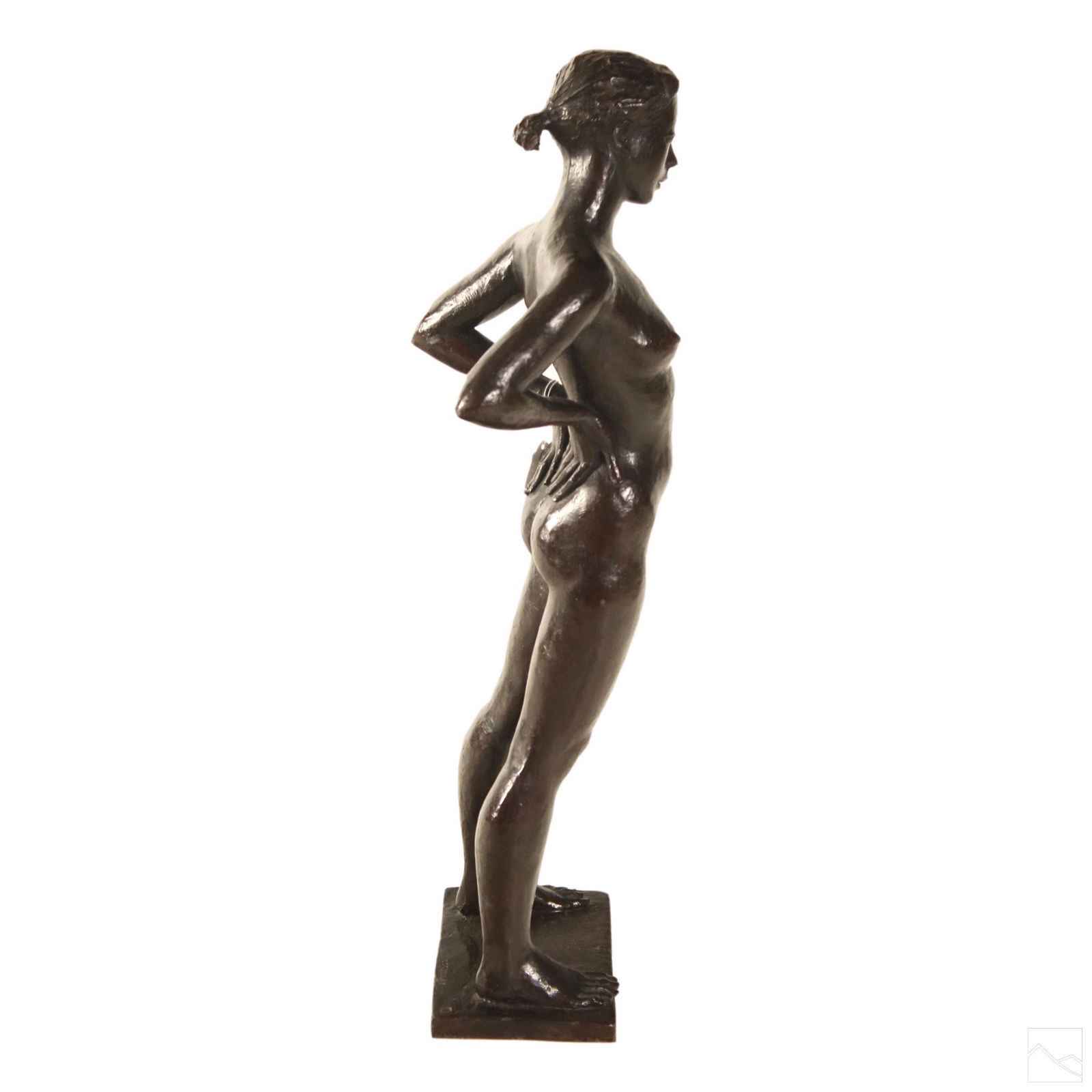 Jacques Coquillay (b.1935) Nude Bronze Sculpture: Jacques Coquillay (French, born 1935). Original Modern cast bronze sculpture. A standing nude female holding her hands suggestively on her hips. Richly finished in a reddish brown patina. Artist signa