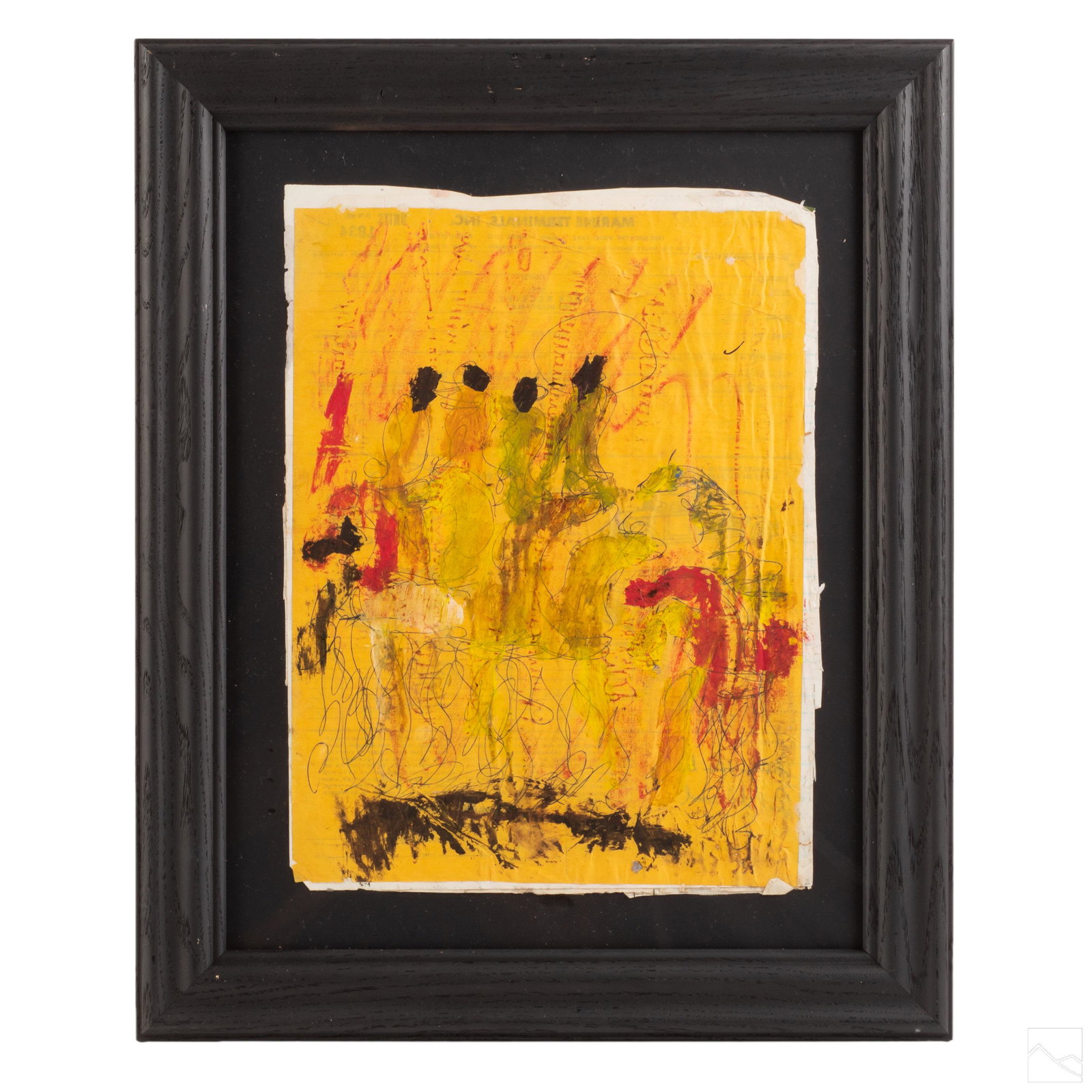 Purvis Young 1943-2010 American Outsider Folk Art: Purvis Young (American, 1943-2010). Outsider art mixed media ink painting on paper. Apparently unsigned. Gallery label on verso. Good overall condition with mild storage wear. Retains original Joy Moo