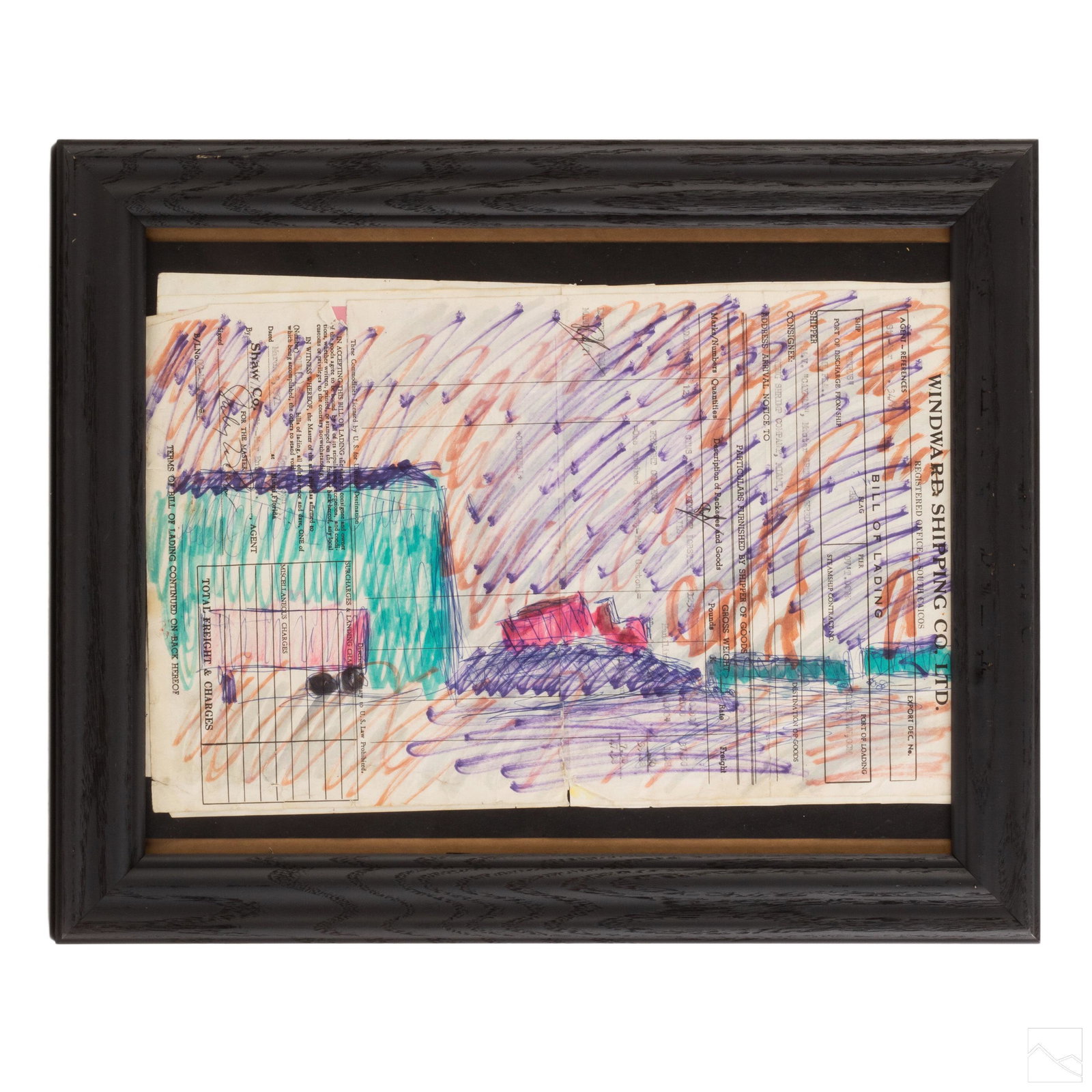 Purvis Young 1943-2010 American Outsider Folk Art: Purvis Young (American, 1943-2010). Outsider art ink on found shipping document. Apparently unsigned. Gallery label on verso. Good overall condition with mild storage wear. Retains original Joy Moos G