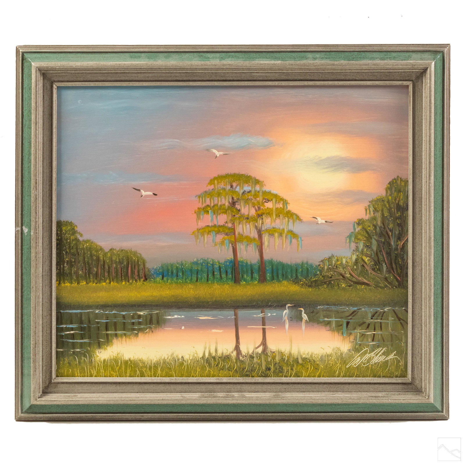 Al Blood Black (b1947) Florida Highwaymen Painting: Al (Blood) Black (American, born 1947). Original Florida Highwayman oil painting on upson board. Florida wetlands landscape with water birds in flight and a large central inlet with cypress trees, man