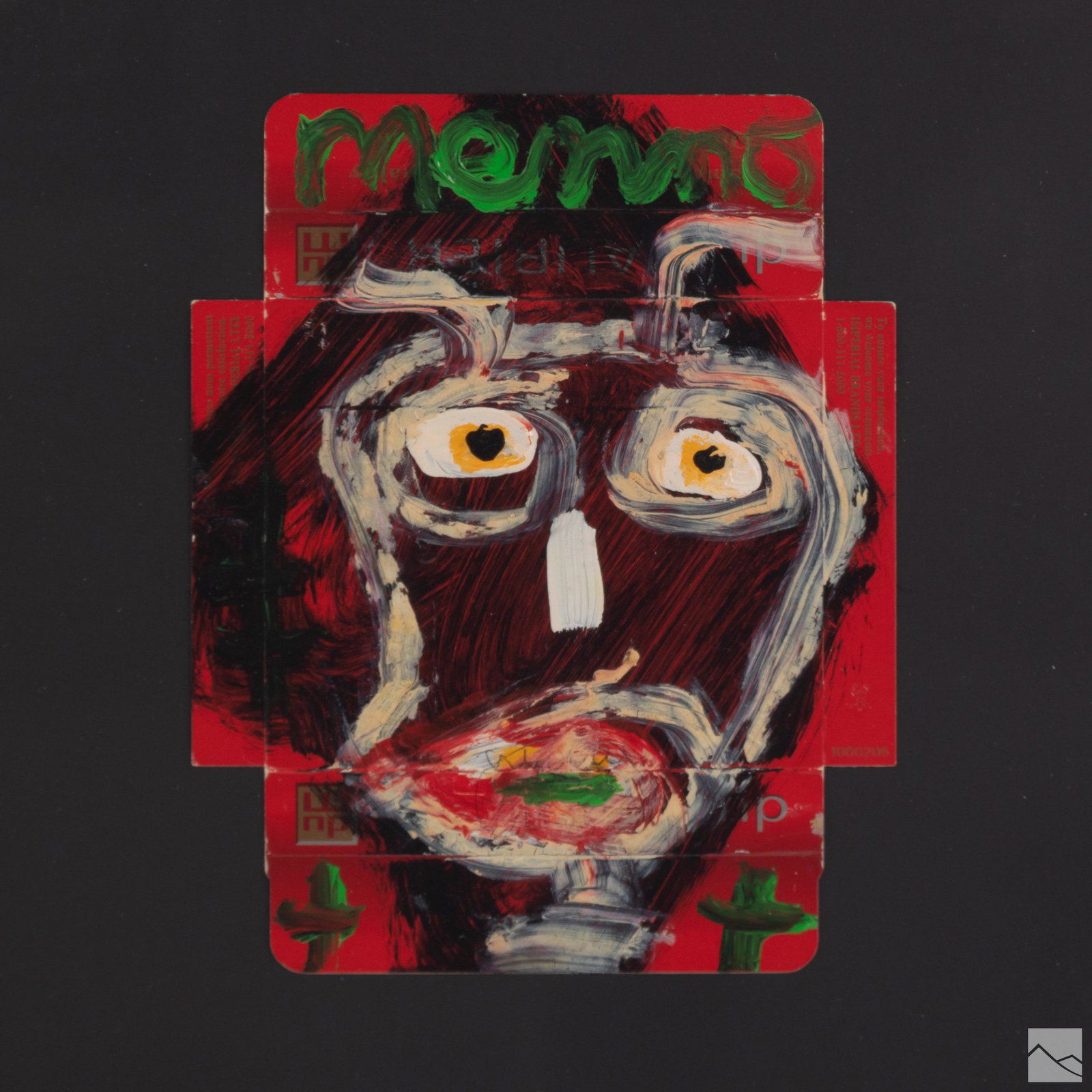 Menno Krant (b.1950) Naive Outsider Art Painting: Menno Krant (Dutch Canadian, born 1950). Naive art acrylic painting on found cigarette carton. Depicts figure. Signed upper center. Label on verso. Good overall condition with mild storage wear. Measu