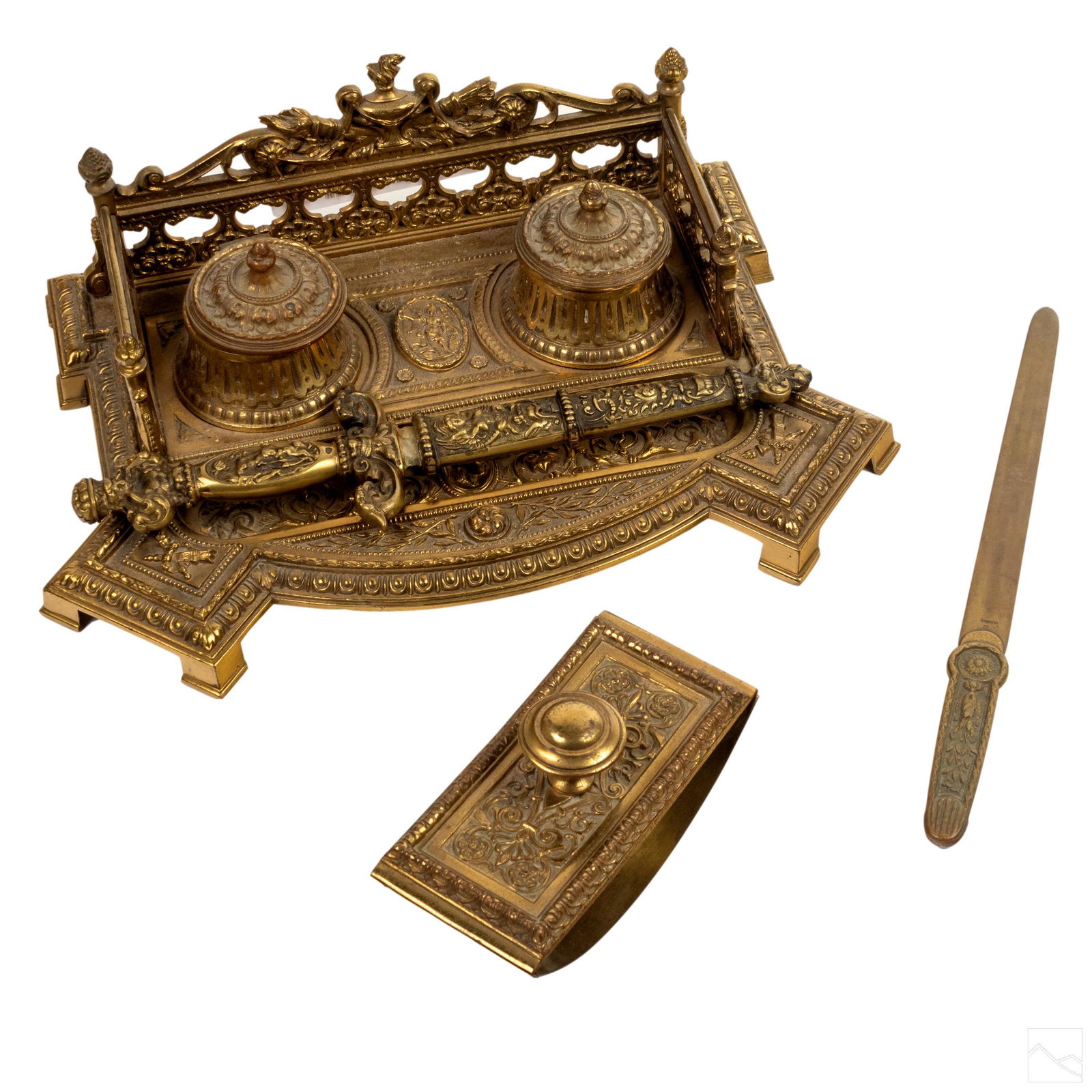 Neoclassical Ornate Bronze Dual Ink Wells Desk Set (1 of 9)