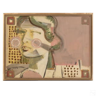 Rainer Gross (b.1951) Outsider Art Face Painting: Rainer Gross (Canadian, born 1951). Outsider art painting on canvas titled "Schlemmertopf". Depicts an abstract portrait. Housed in vintage wood frame. Good overall condition with normal age and stora